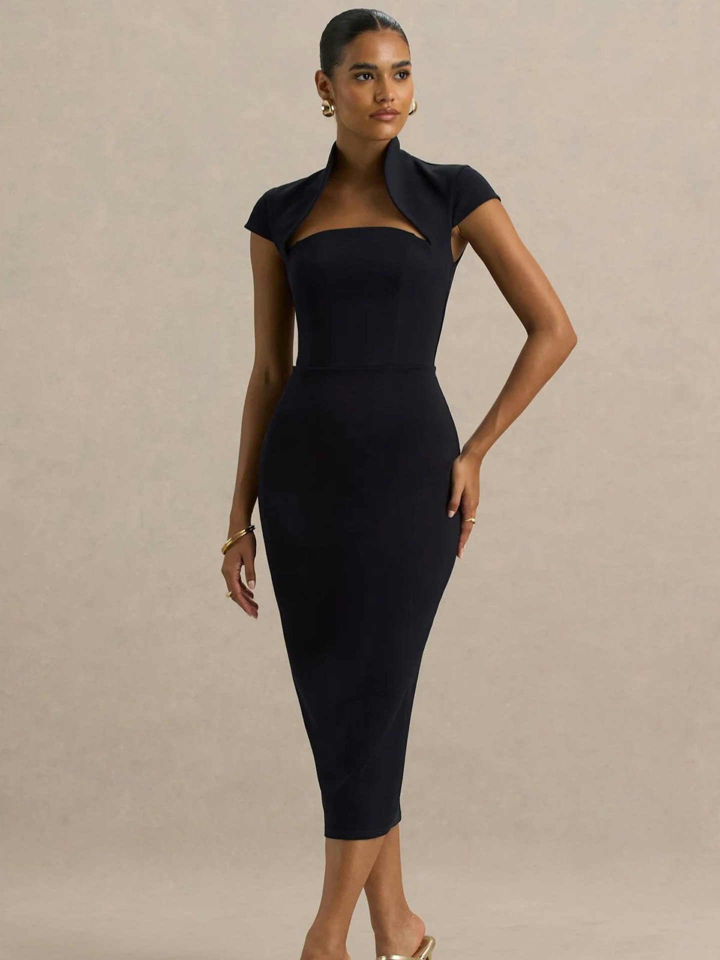 Club L, Elsie Navy Cut-Out Neck Midi Dress With Short Sleeves