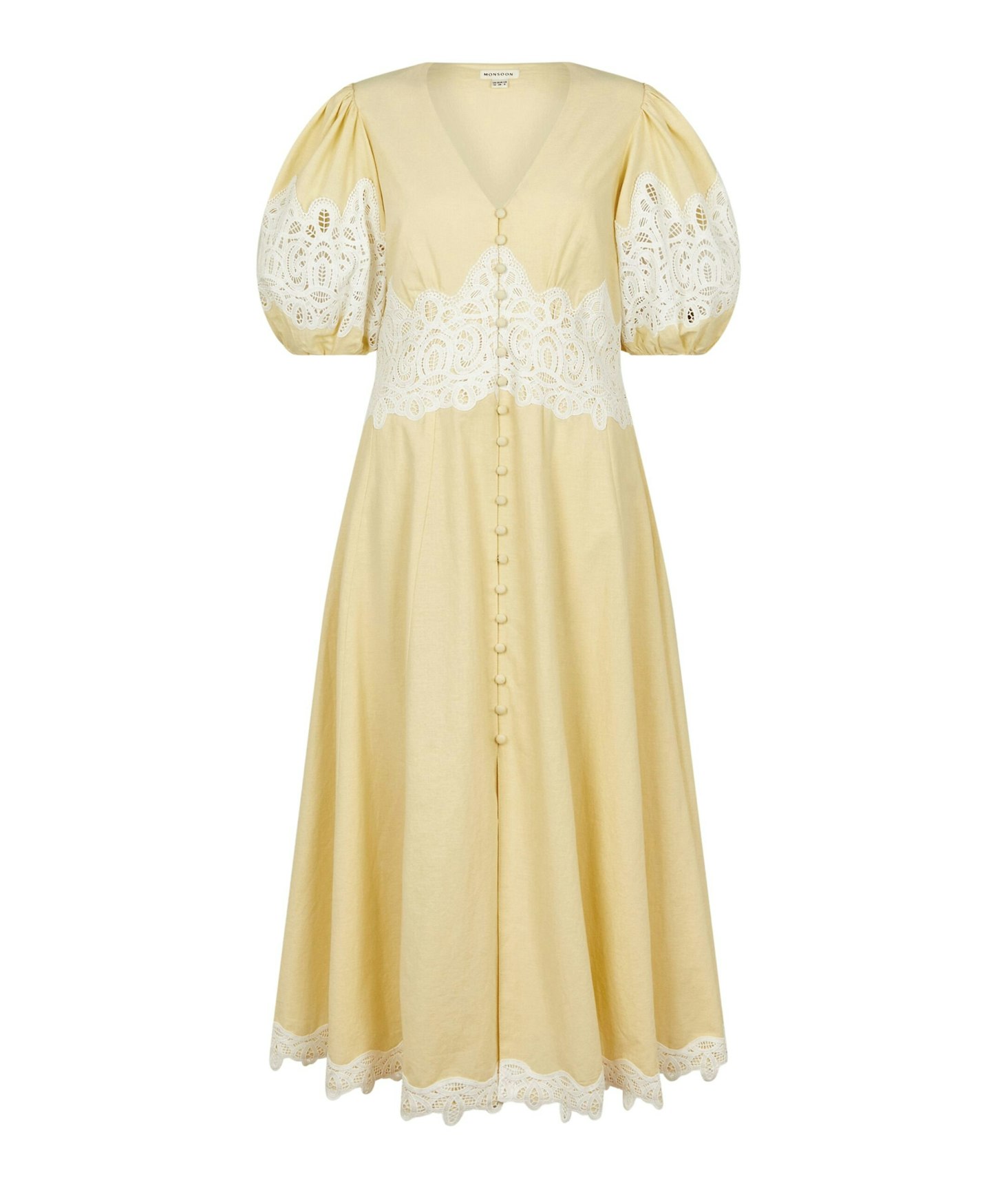 Nancy Appliqué Puff-Sleeve Midi Dress – Yellow