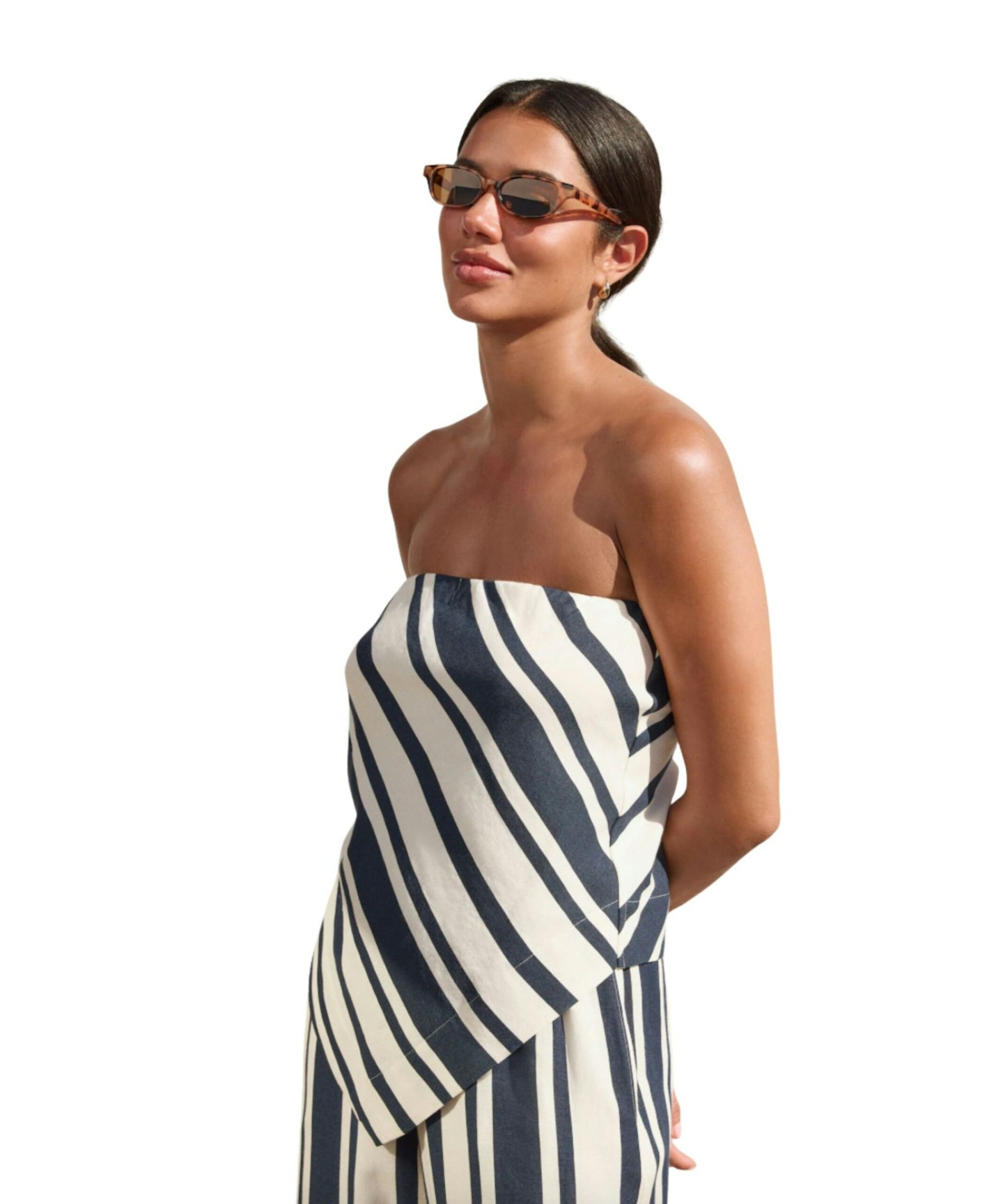 Navy Stripe Hanky Hem Bandeau Top With Linen