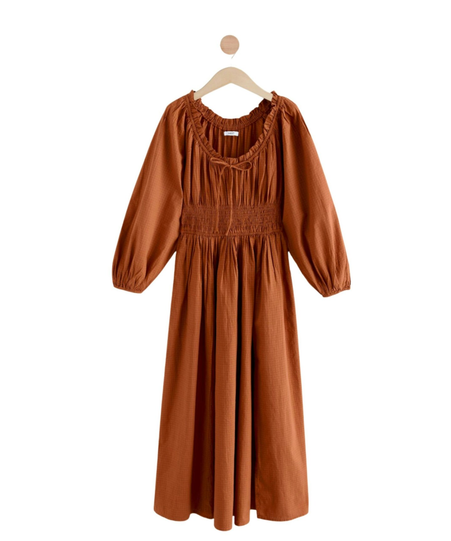 Rust Brown Balloon Sleeve Seersucker Midi Dress