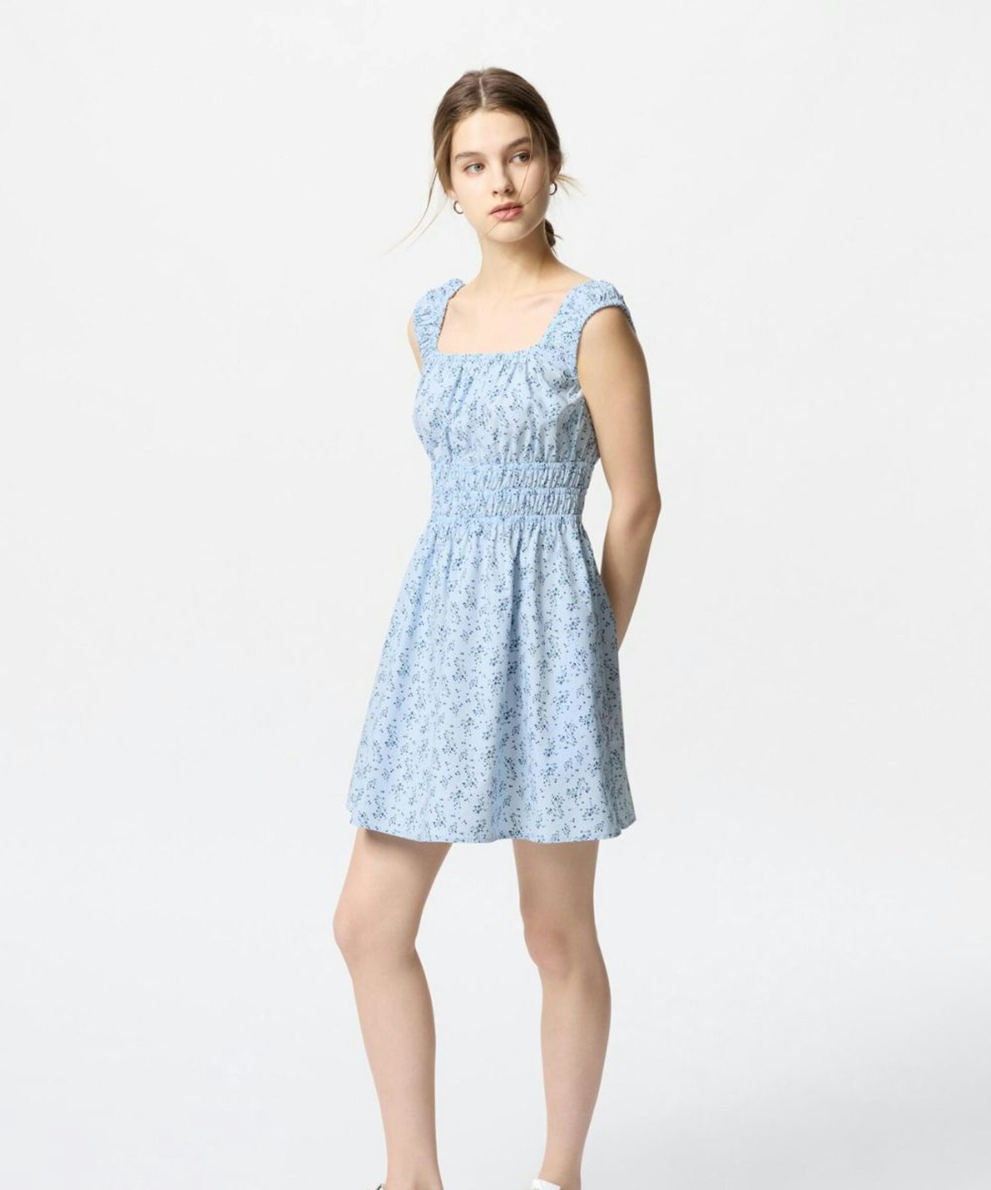 Cotton Gathered Mini Dress, Light Blue Ditsy Print