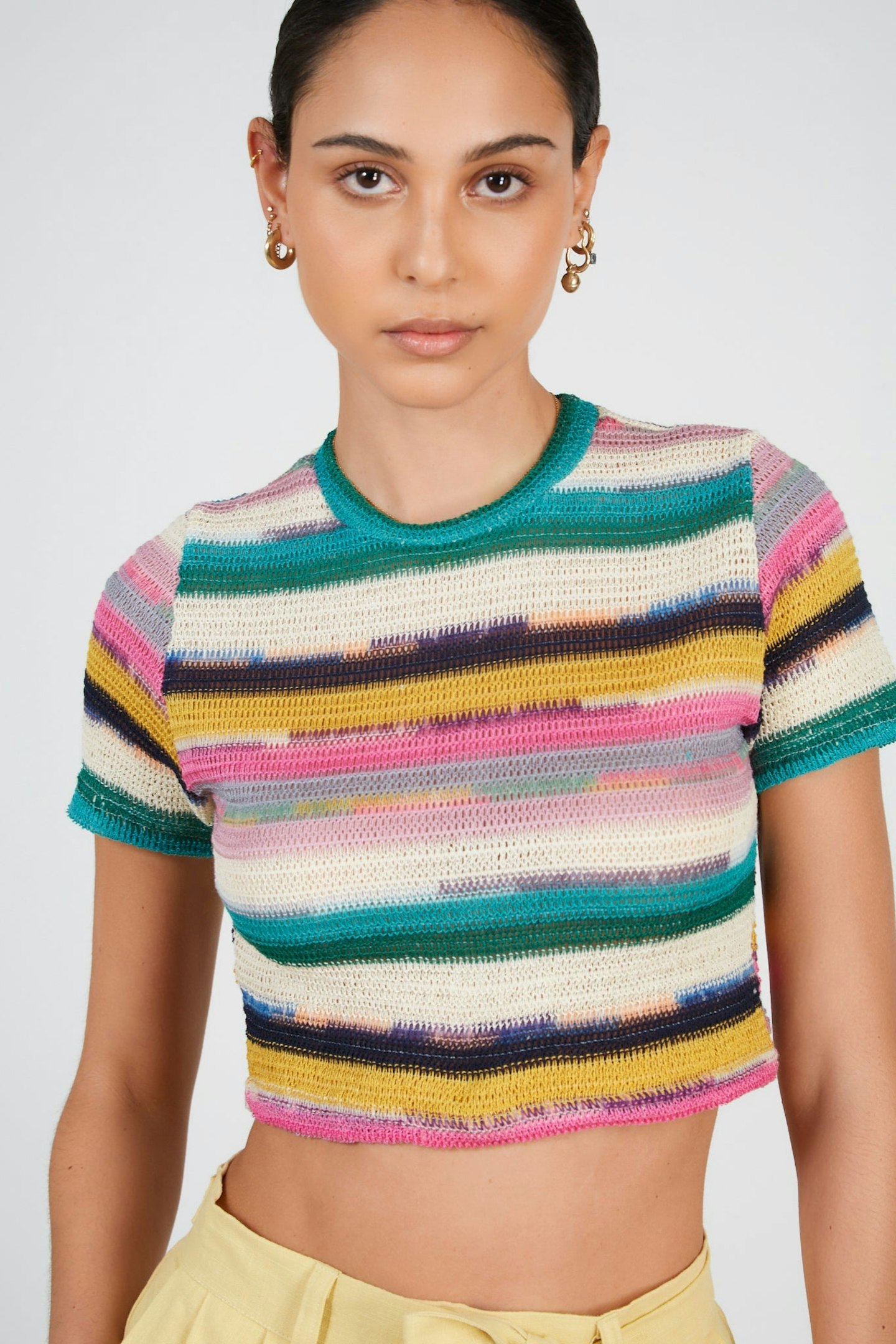 Glassworks, Green Rainbow Striped Cropped Tee