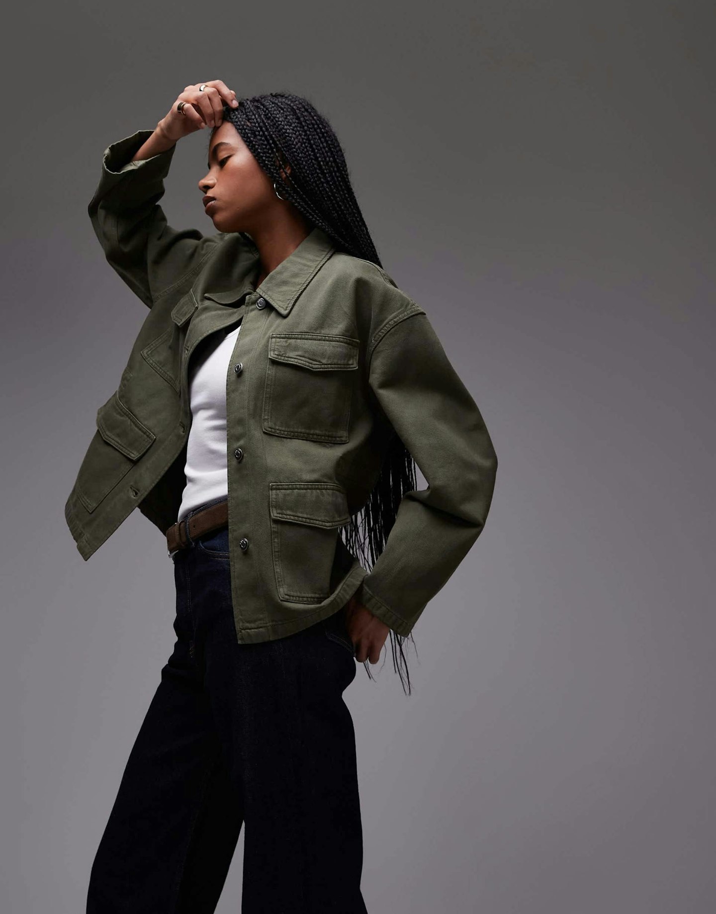 ARKET denim jacket with patch pockets and cinch back in washed khaki