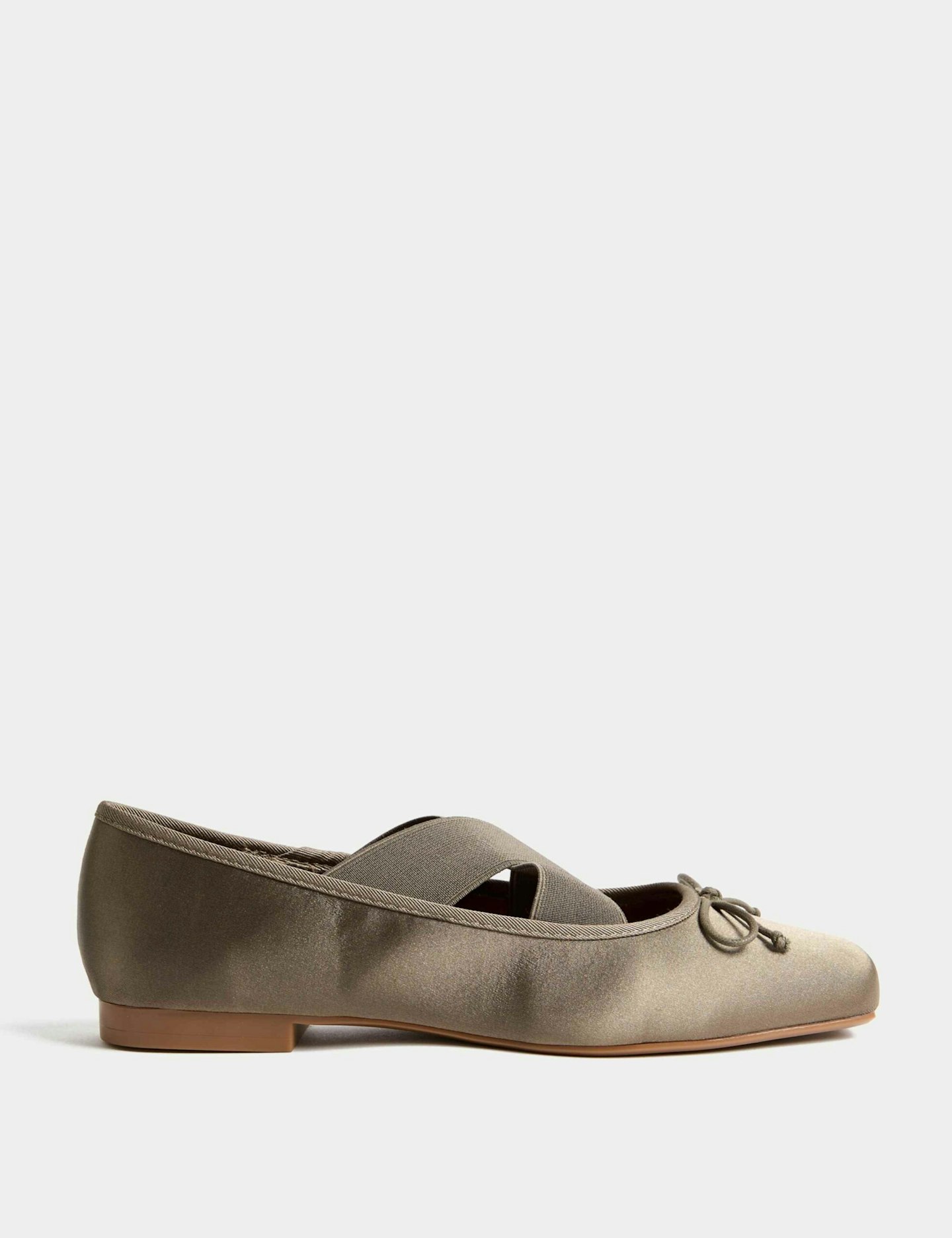M&S, Satin Strappy Flat Ballet Pumps in Khaki
