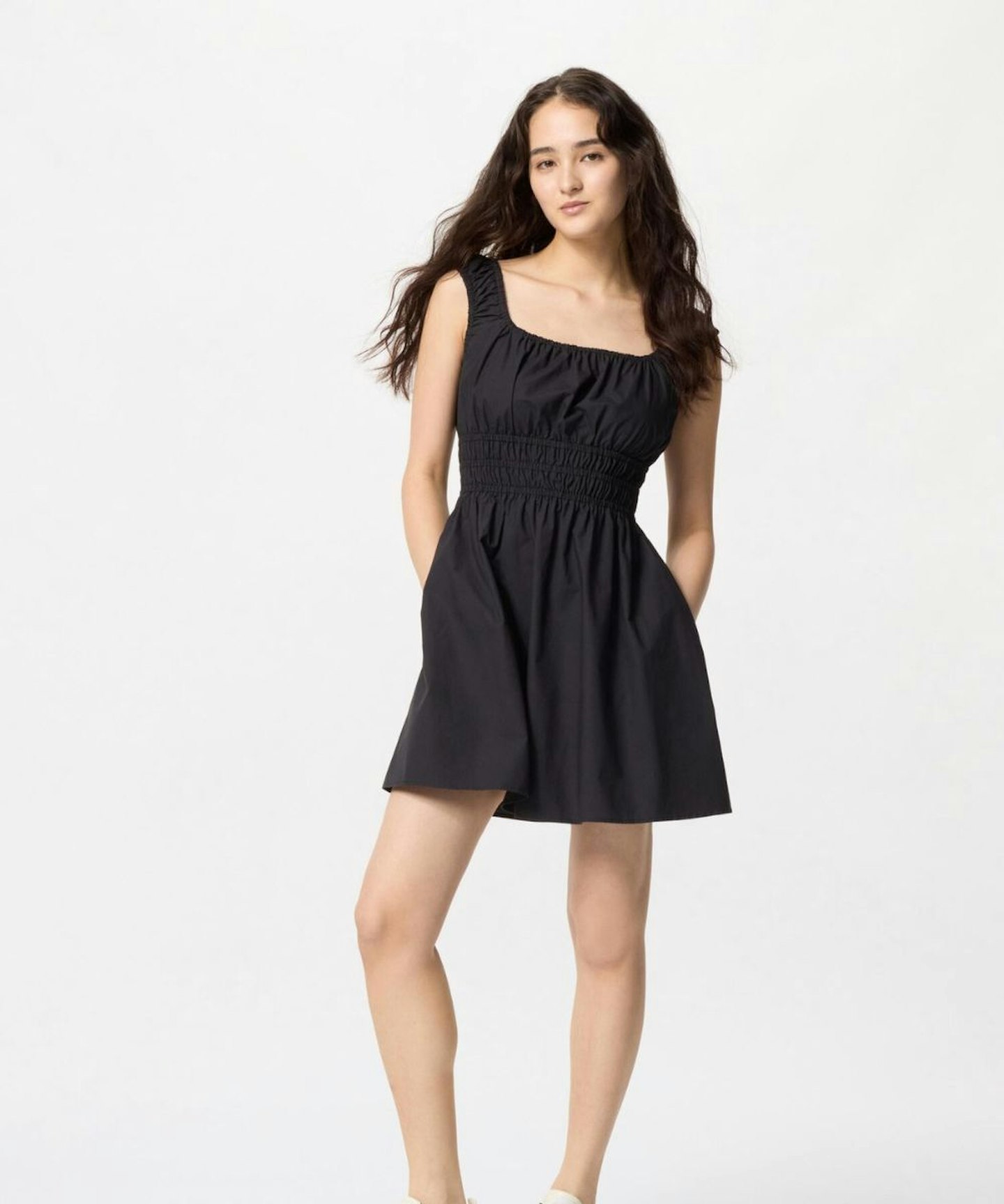 Cotton Gathered Mini Dress, Black