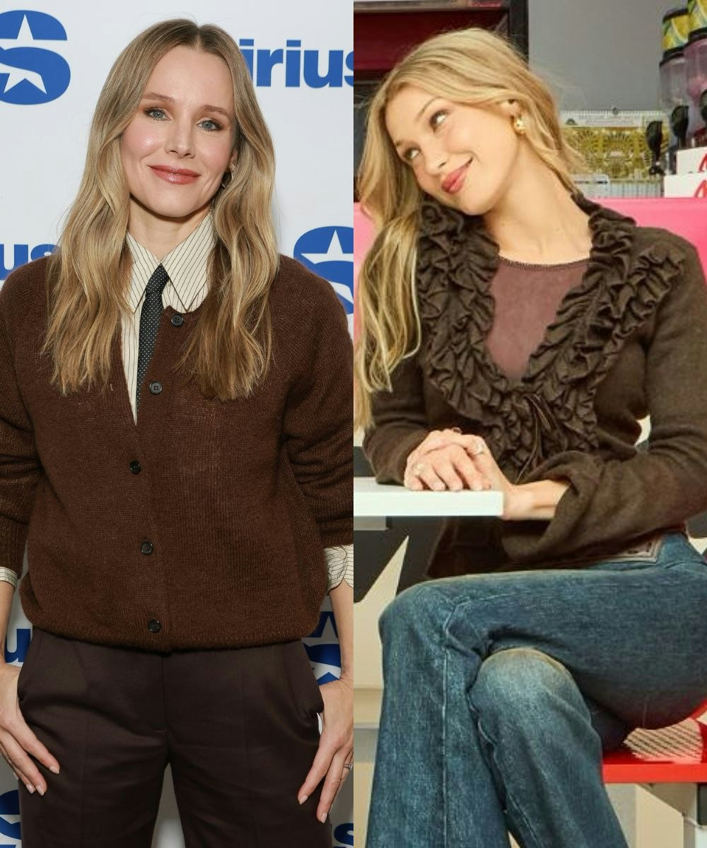 bella hadid and kristen bell wearing brown knitwear