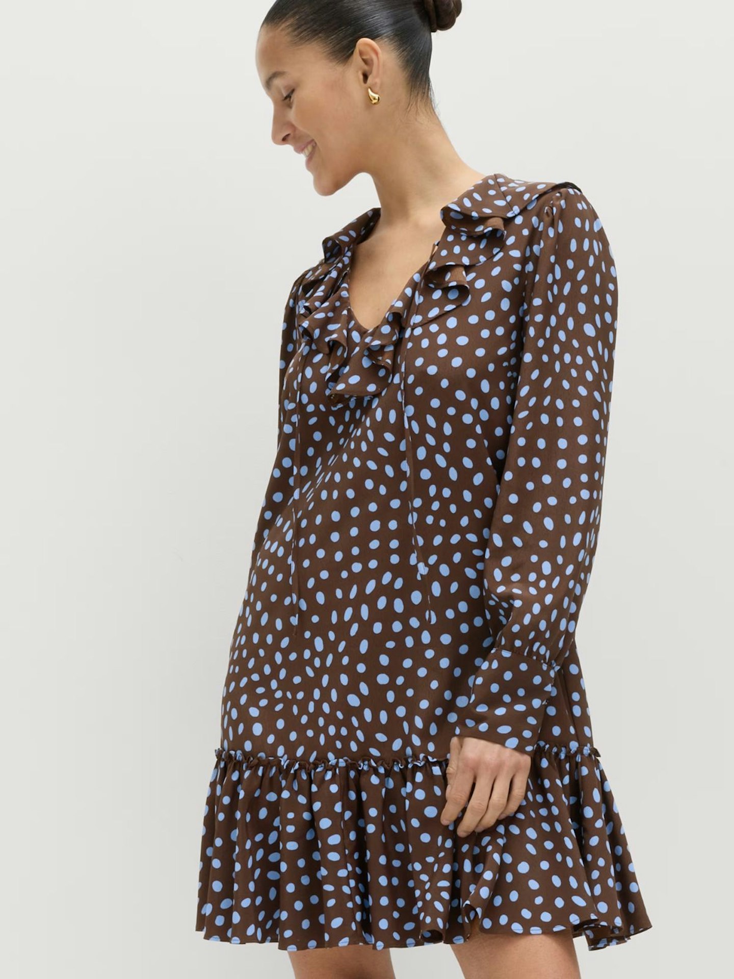 brown dress with blue polka dots Reclaimed vintage midi dress with godets and ruffles in brown and blue polka dot
