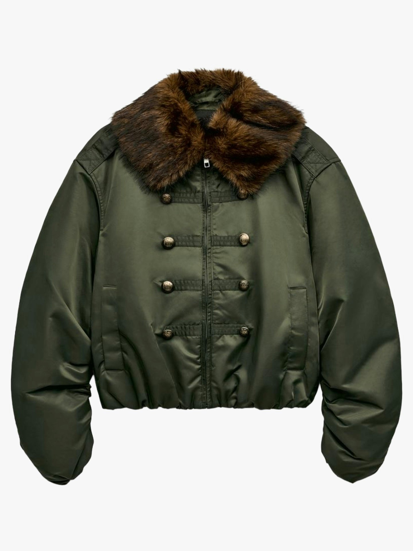 Zara, ZW Collection Nylon Bomber With Faux Fur Collar