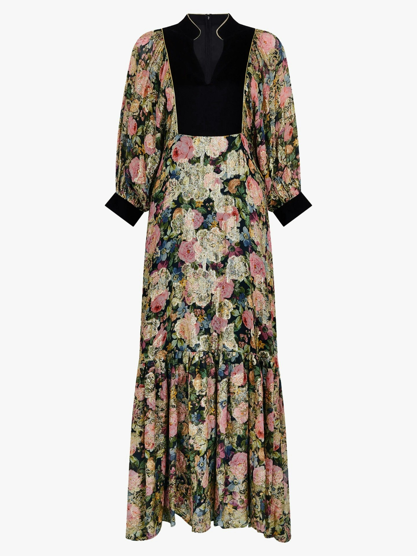 Patti Velvet Bib Metallic Floral Jacquard Maxi Dress