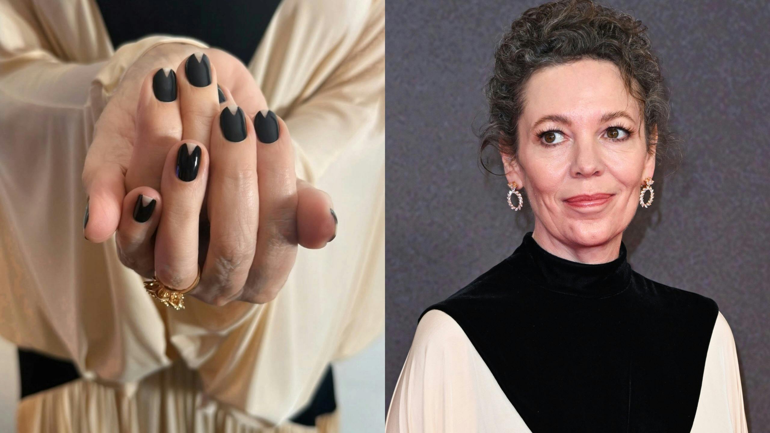 Herbstlicher Nageltrend: Olivia Colmans Negative-Space-Maniküre.