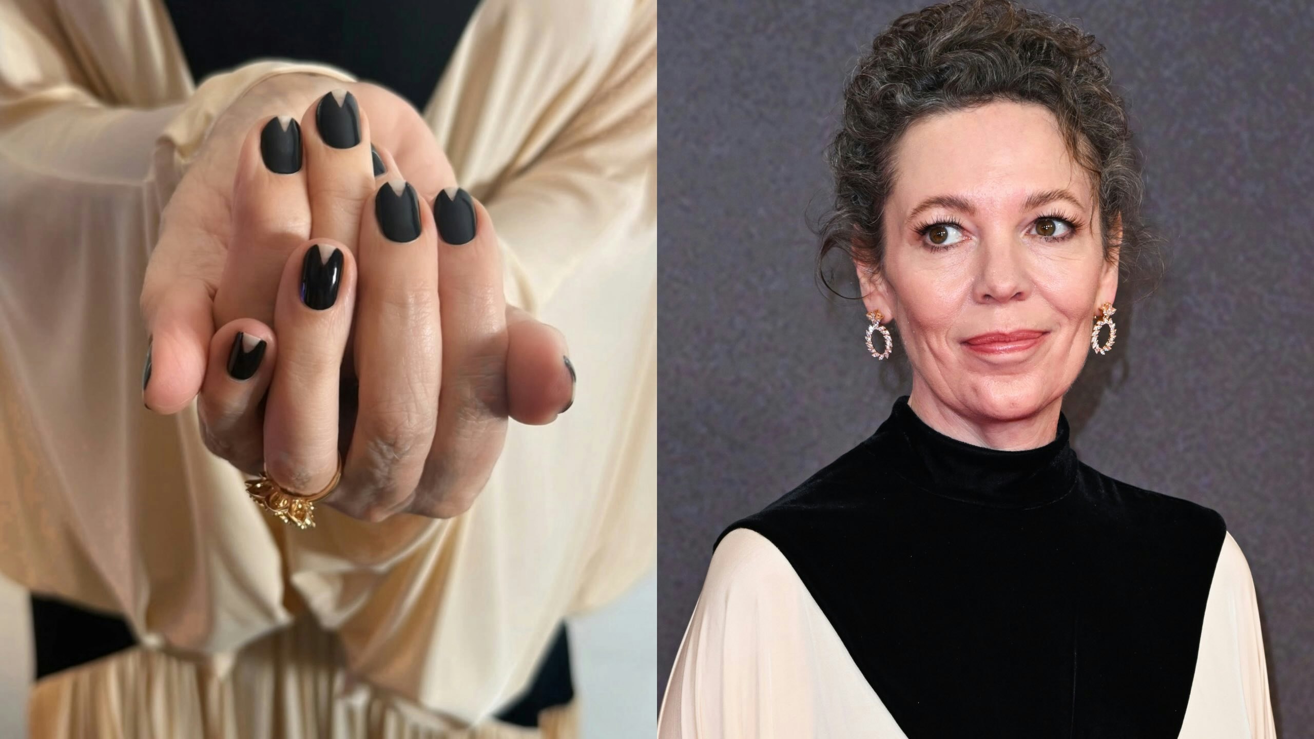 Herbstlicher Nageltrend: Olivia Colmans Negative-Space-Maniküre.