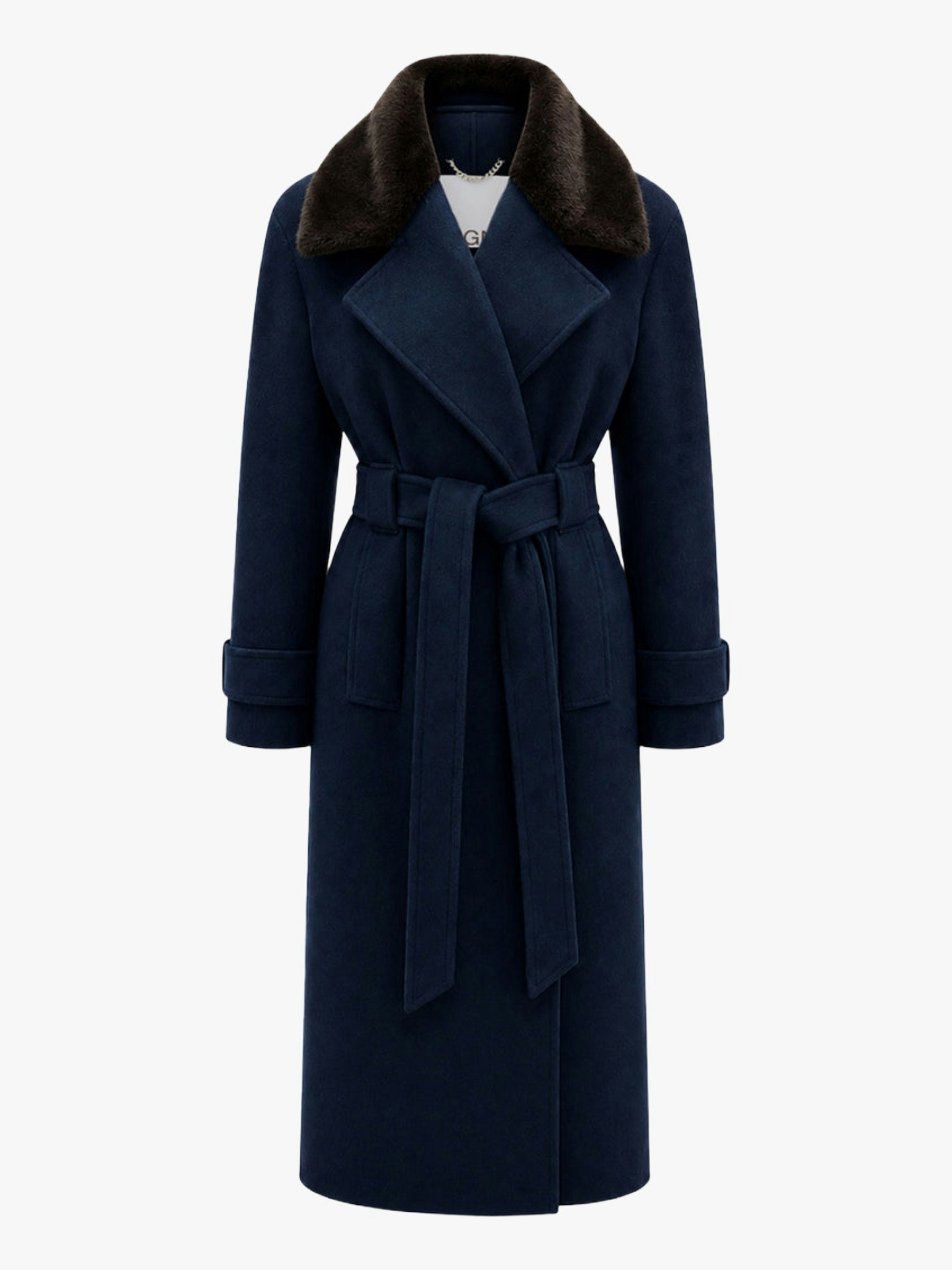 Aligne, George Faux Fur Collar Wrap Coat in Navy