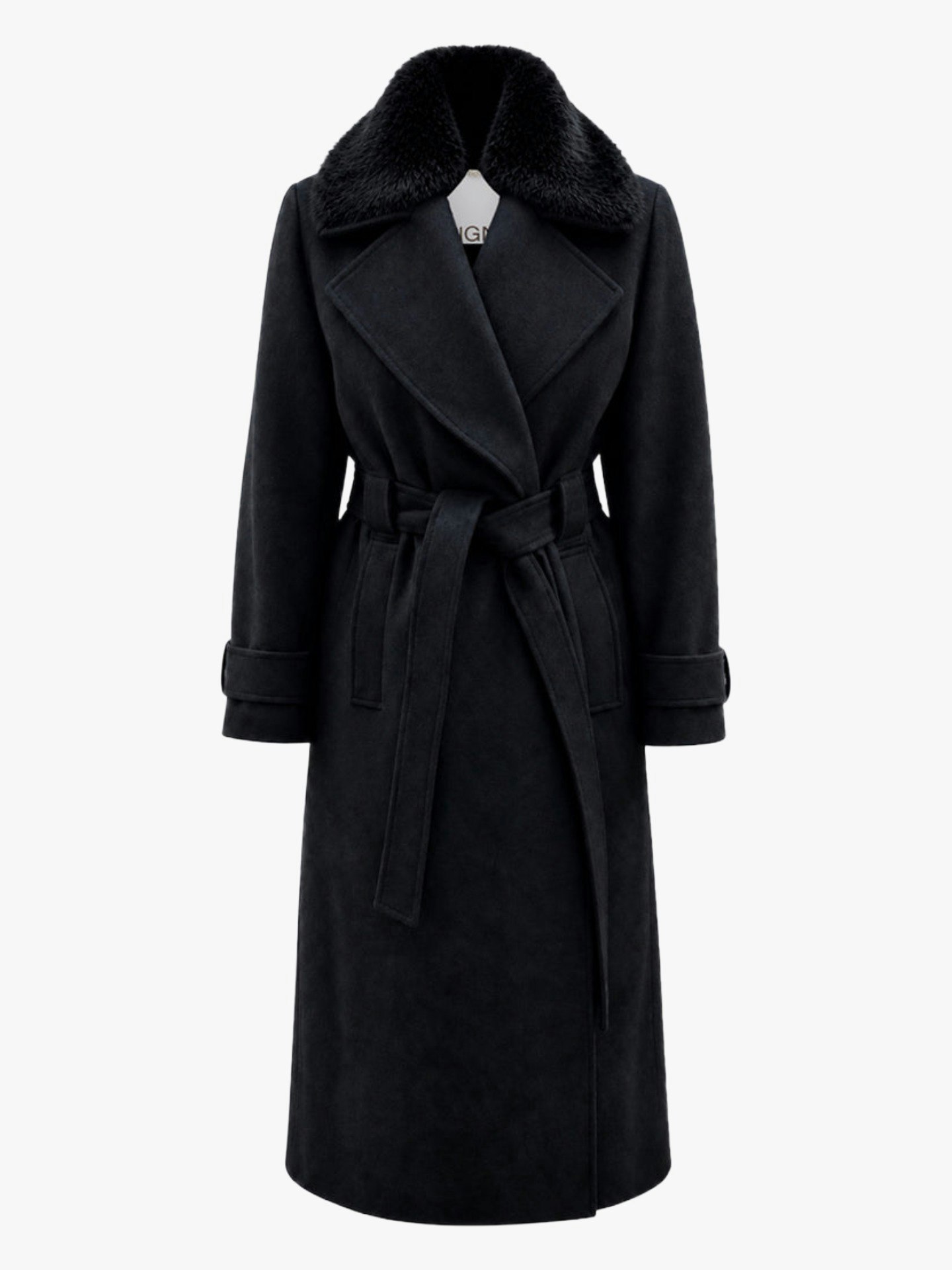 Aligne, George Faux Fur Collar Wrap Coat in Black