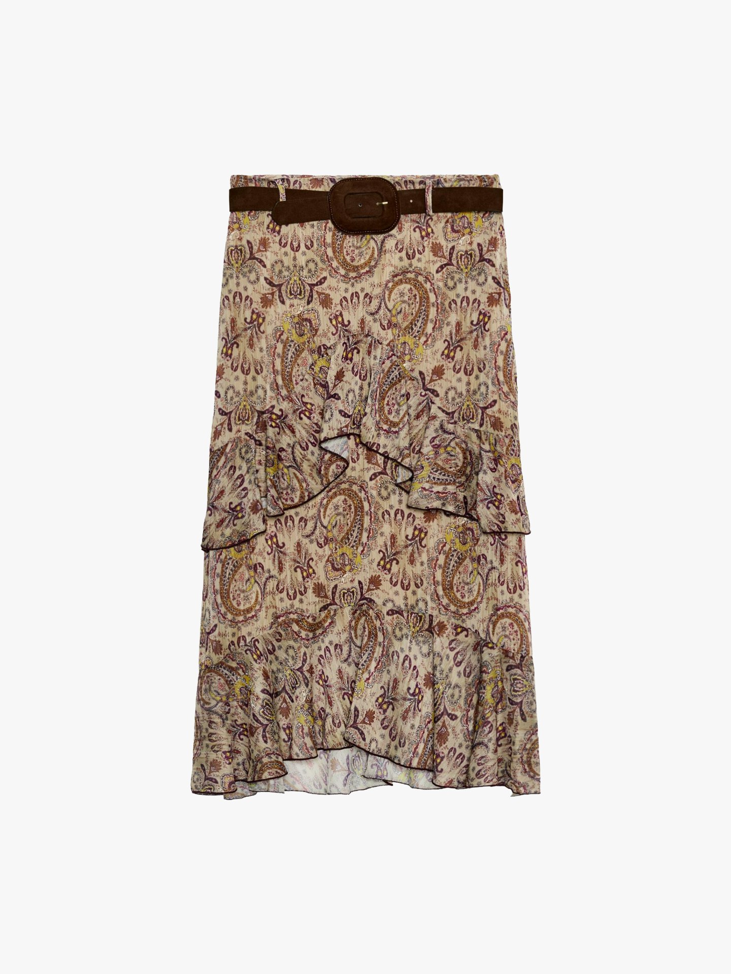 Zara, Printed Ruffled Belted Midi Skirt