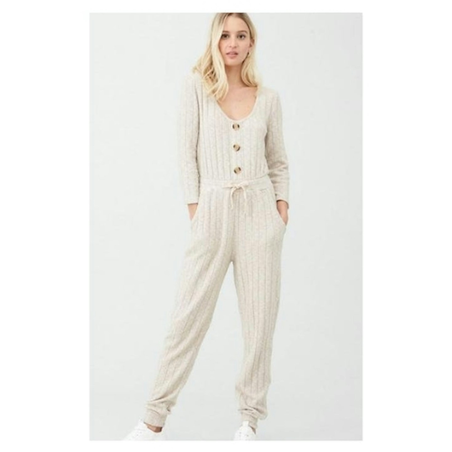 River Island Long Sleeve Button Through Lounge Jumpsuit - Cream