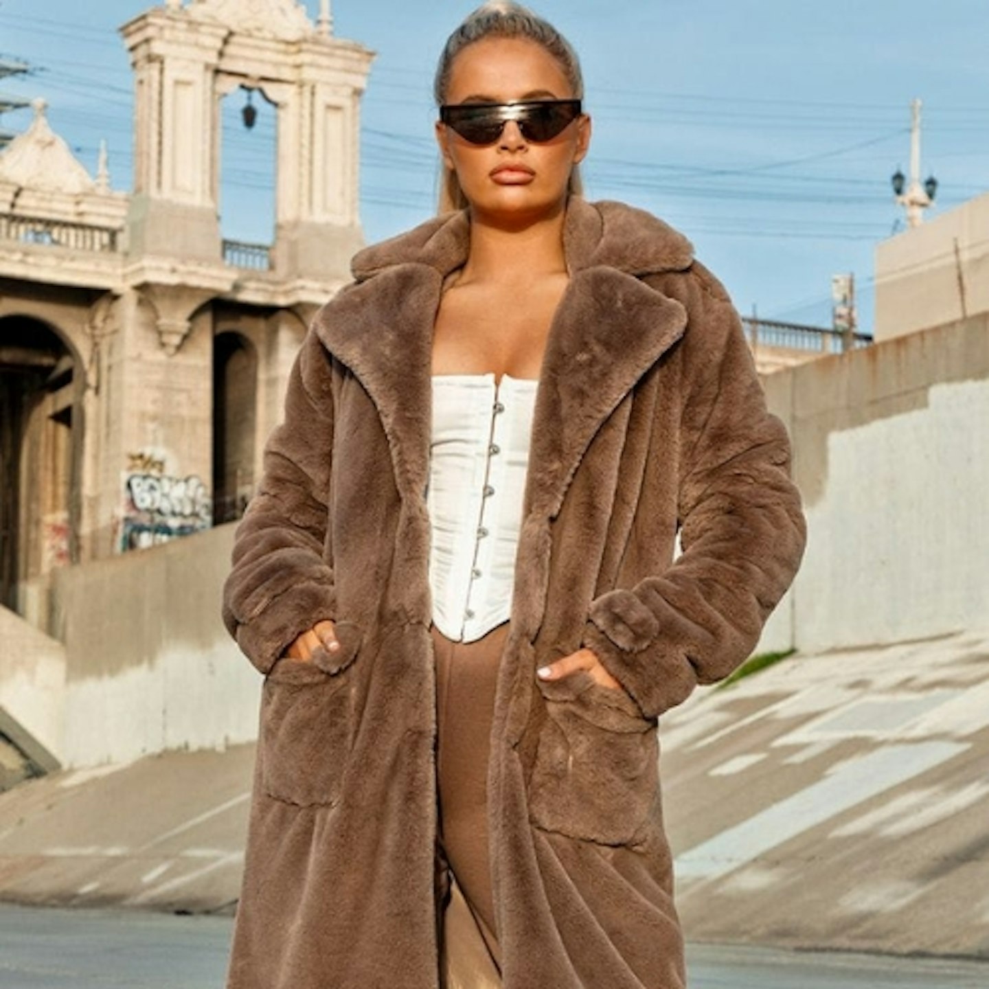 Taupe Faux Fur Military Coat