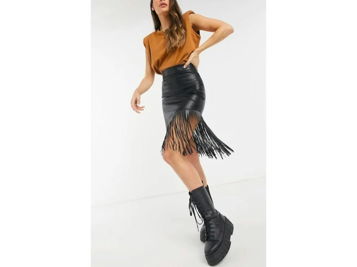 ASOS DESIGN leather look midi skirt with fringe detail in black