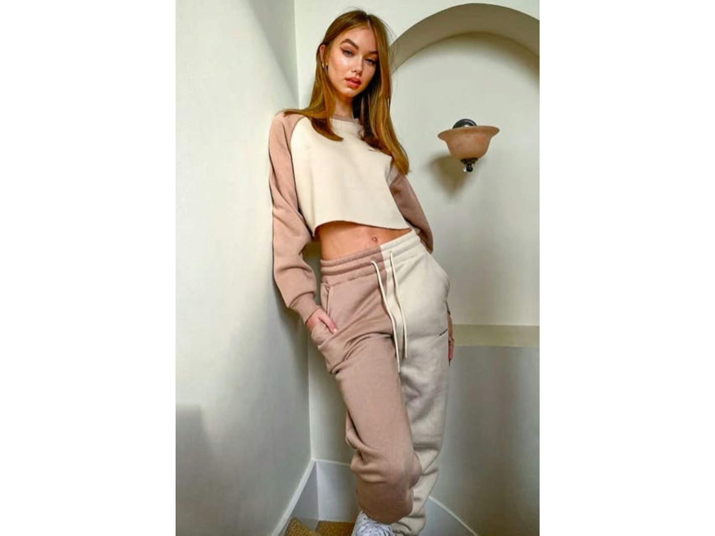 Bershka bi-colour sweat and jogger co-ord with slogan in beige