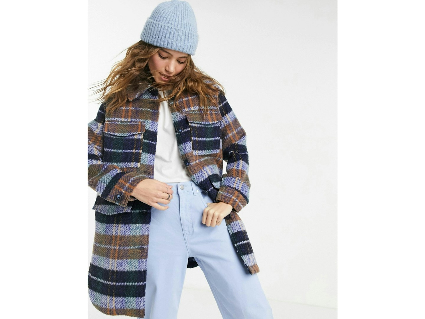 Pieces oversized wool shacket in blue check