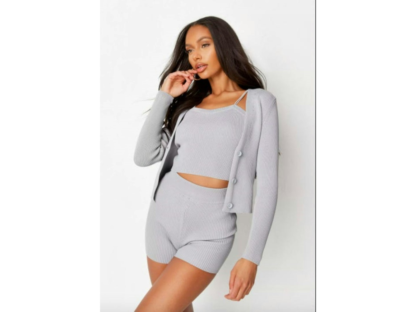 Grey Co Ord Rib Knit Cardigan