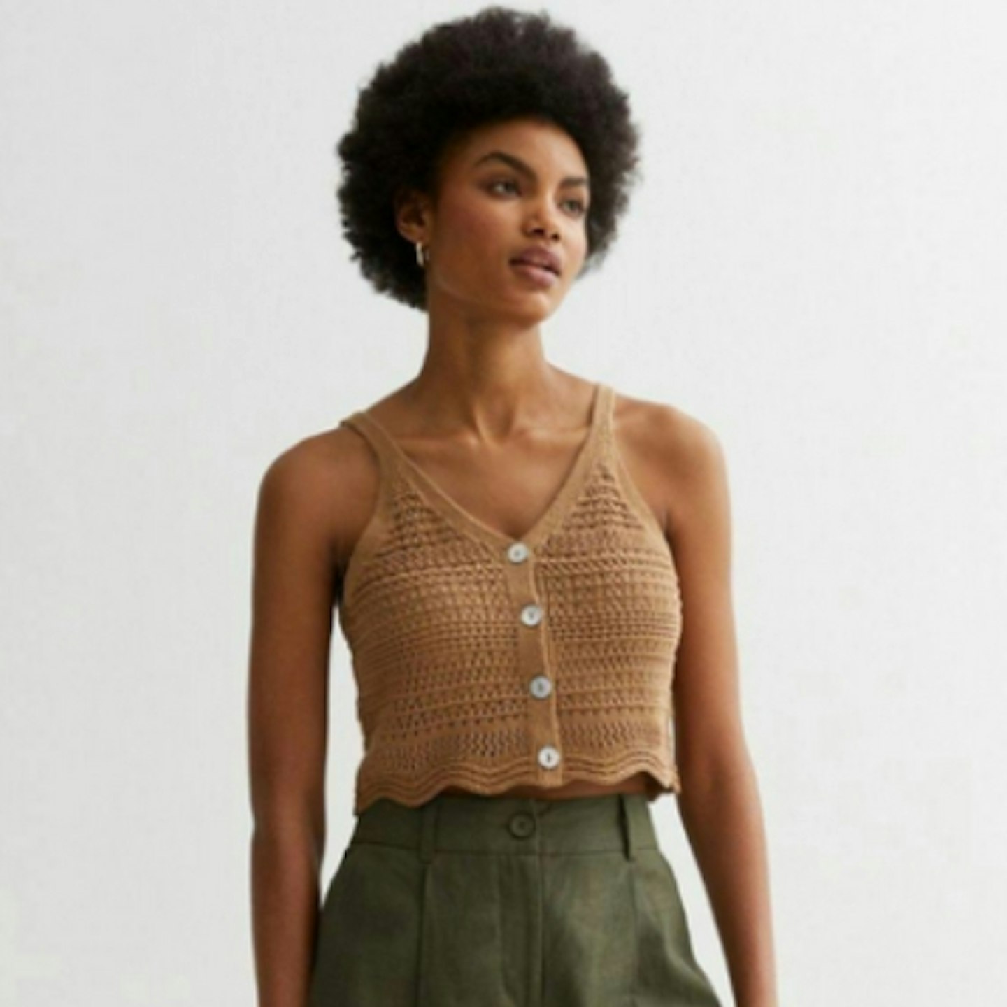 Tan Crochet Knit Frill Hem Vest