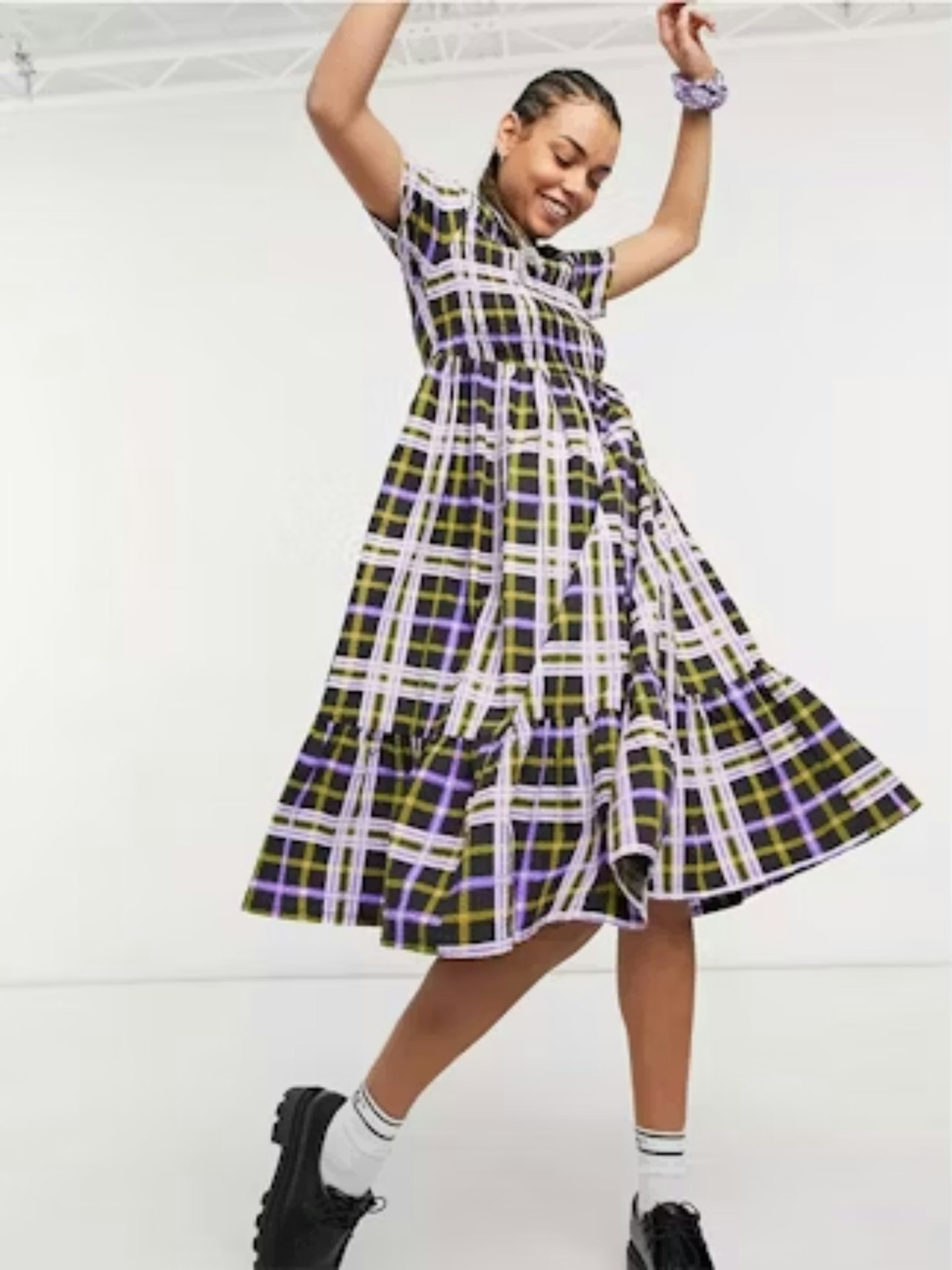 COLLUSION check seersucker shirred midi smock dress