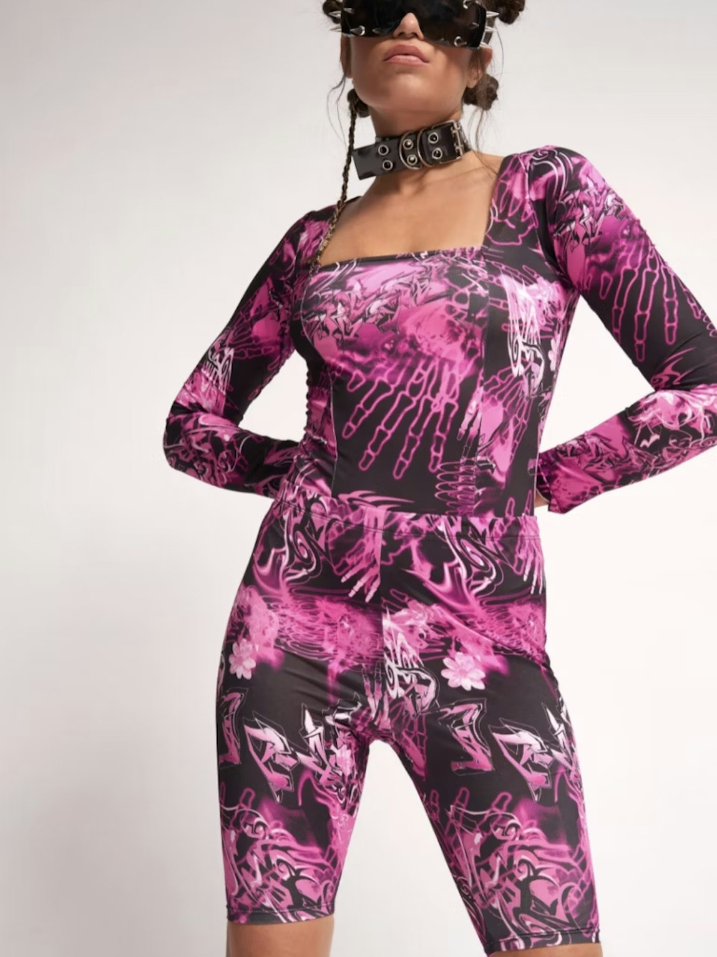 Pink Skull Print Knee Length Cycling Shorts