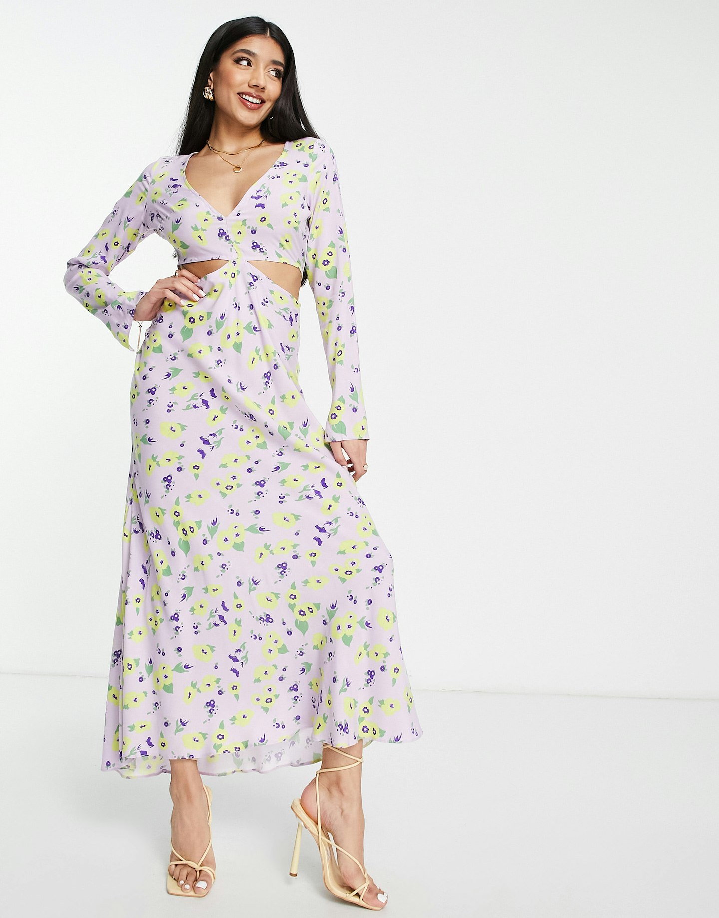 ASOS DESIGN cut out side maxi dress in lilac floral print