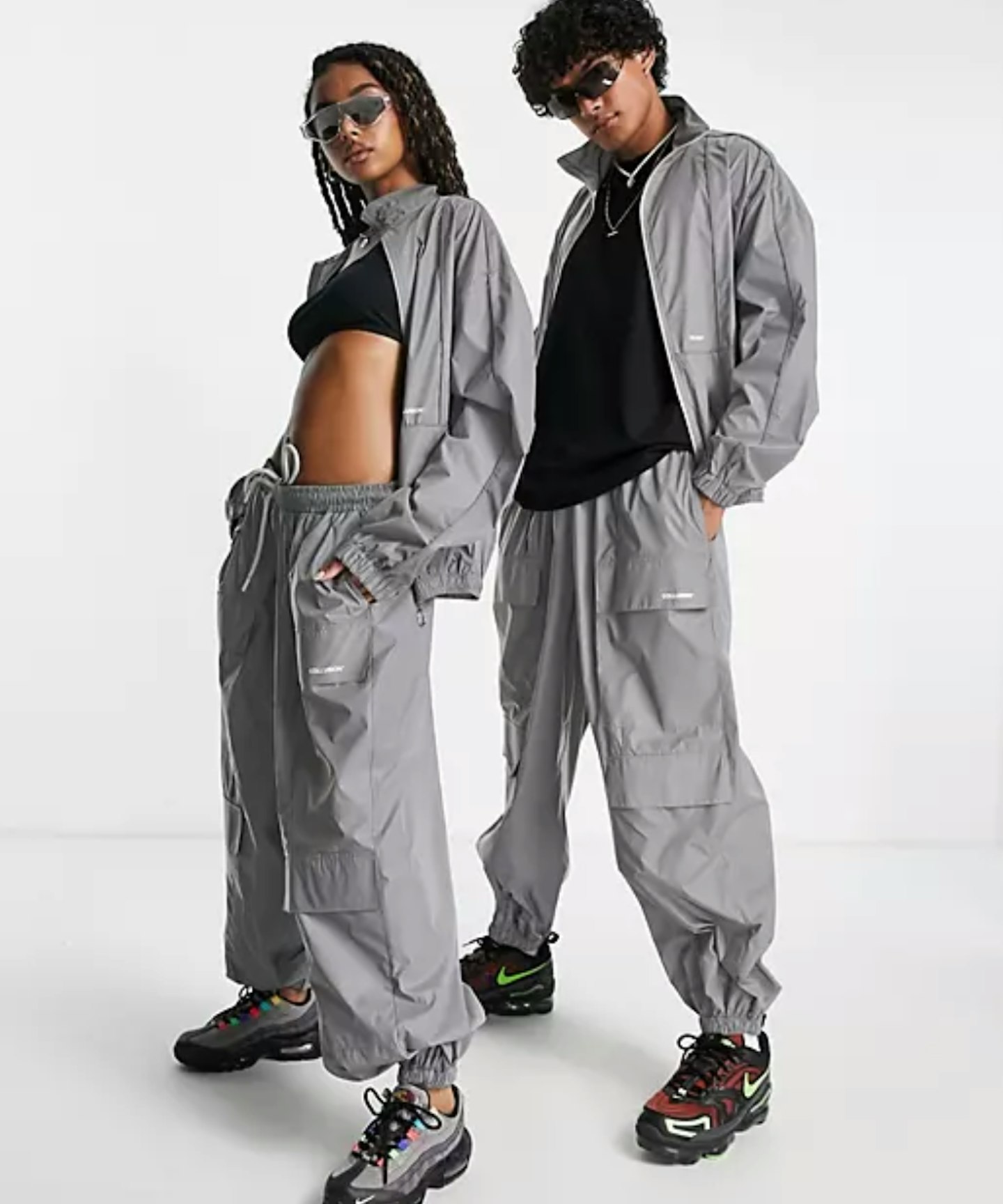 COLLUSION Unisex oversized cargo joggers in silver reflective fabric co-ord