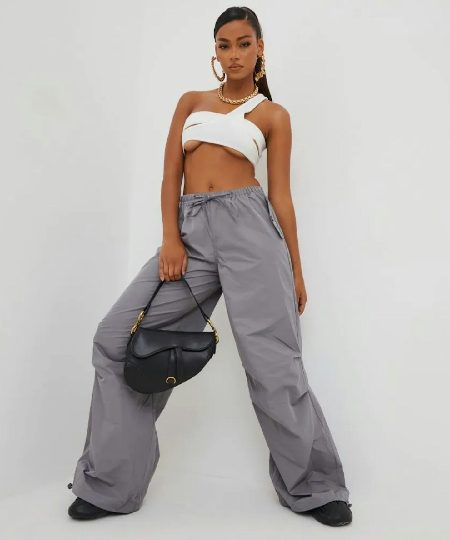 EGO Low Rise Oversized Parachute Cargo Trousers In Grey