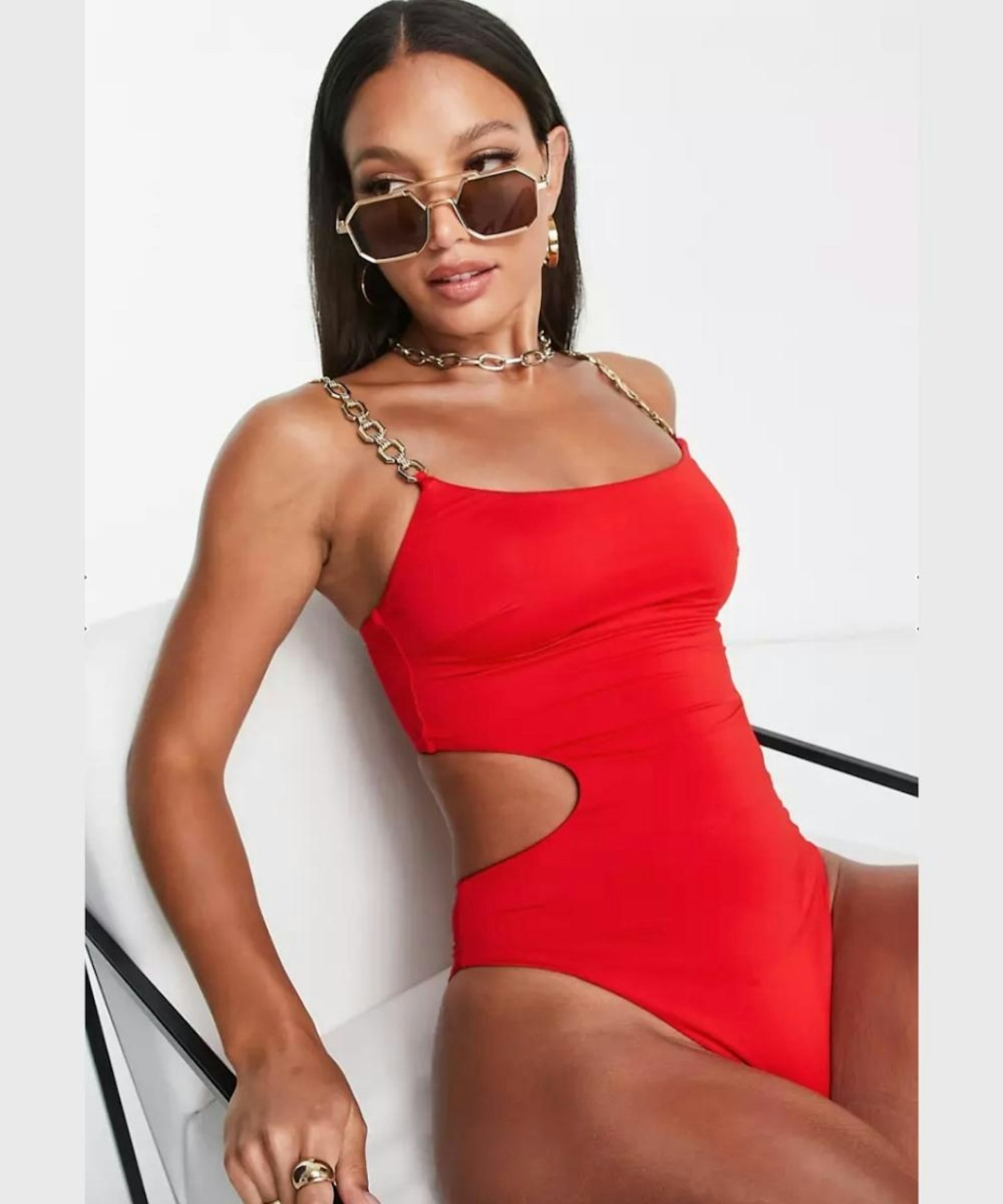 Asos Design Tall Cut Out Swimsuit With Chain Detail in Red