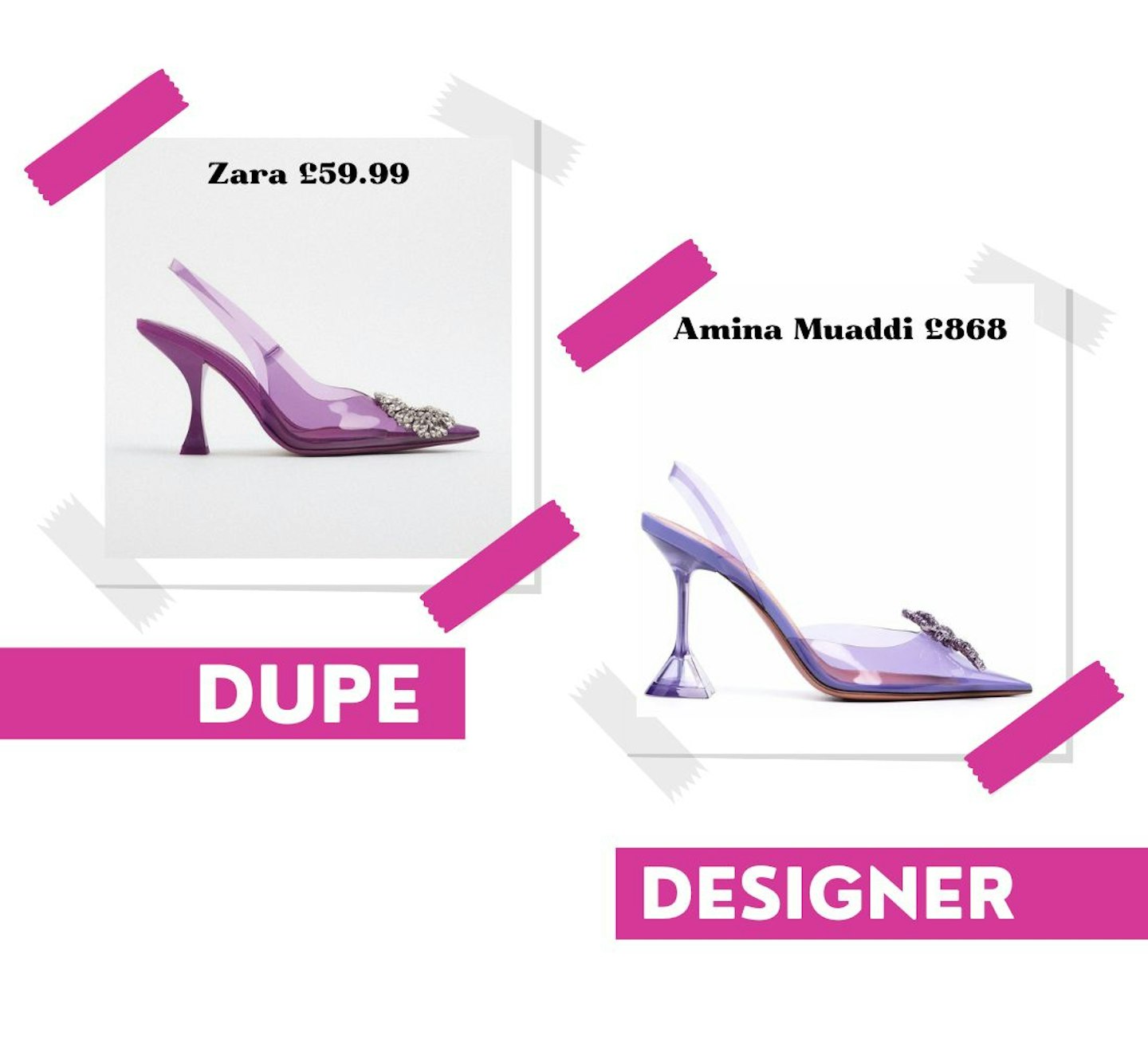 Zara and Amina Muaddi purple perspex heels