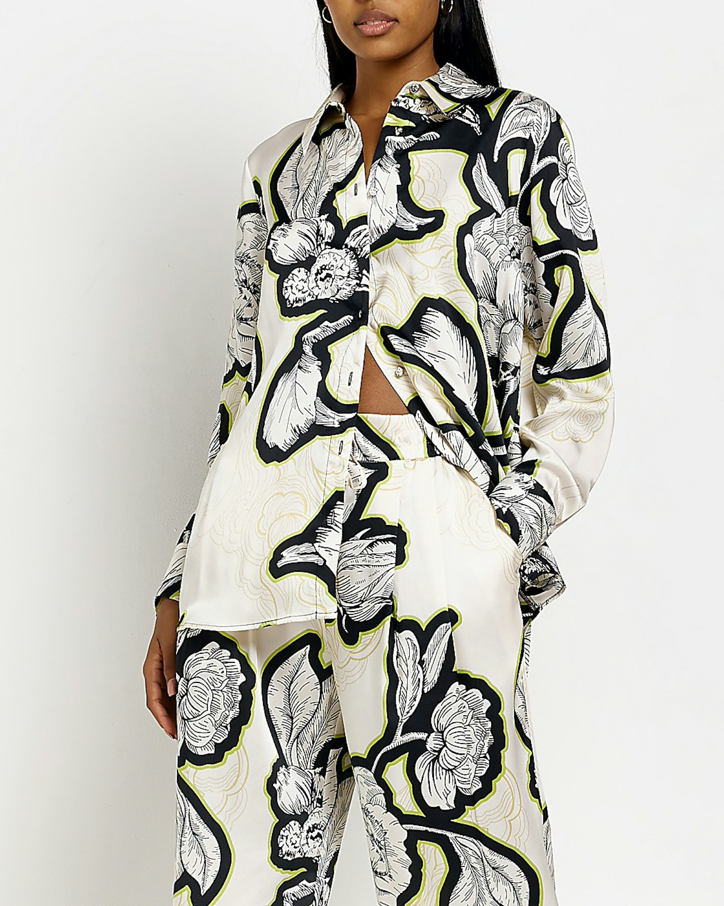 River Island cream oversized satin floral shirt