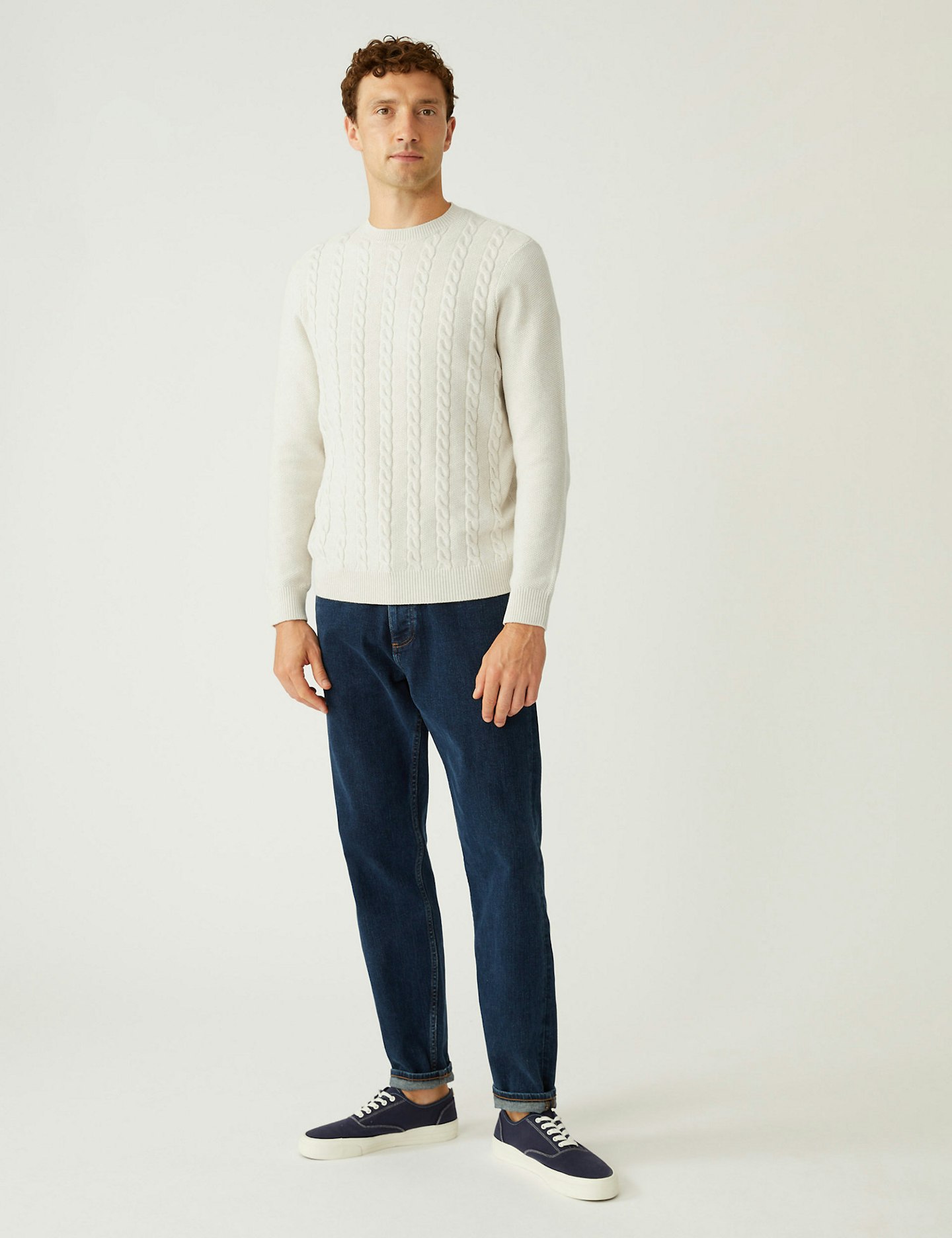 Cotton Blend Cable Crew Neck Jumper