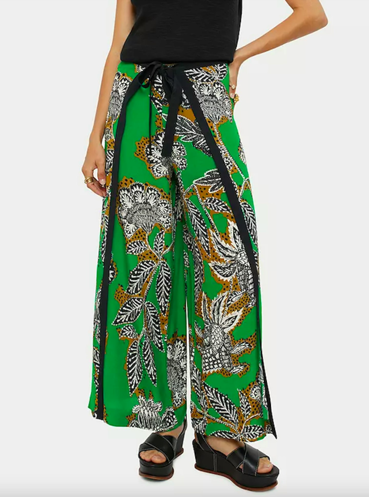 Jigsaw Floral Block Print Wrap Tie Front Trousers, Green/Multi
