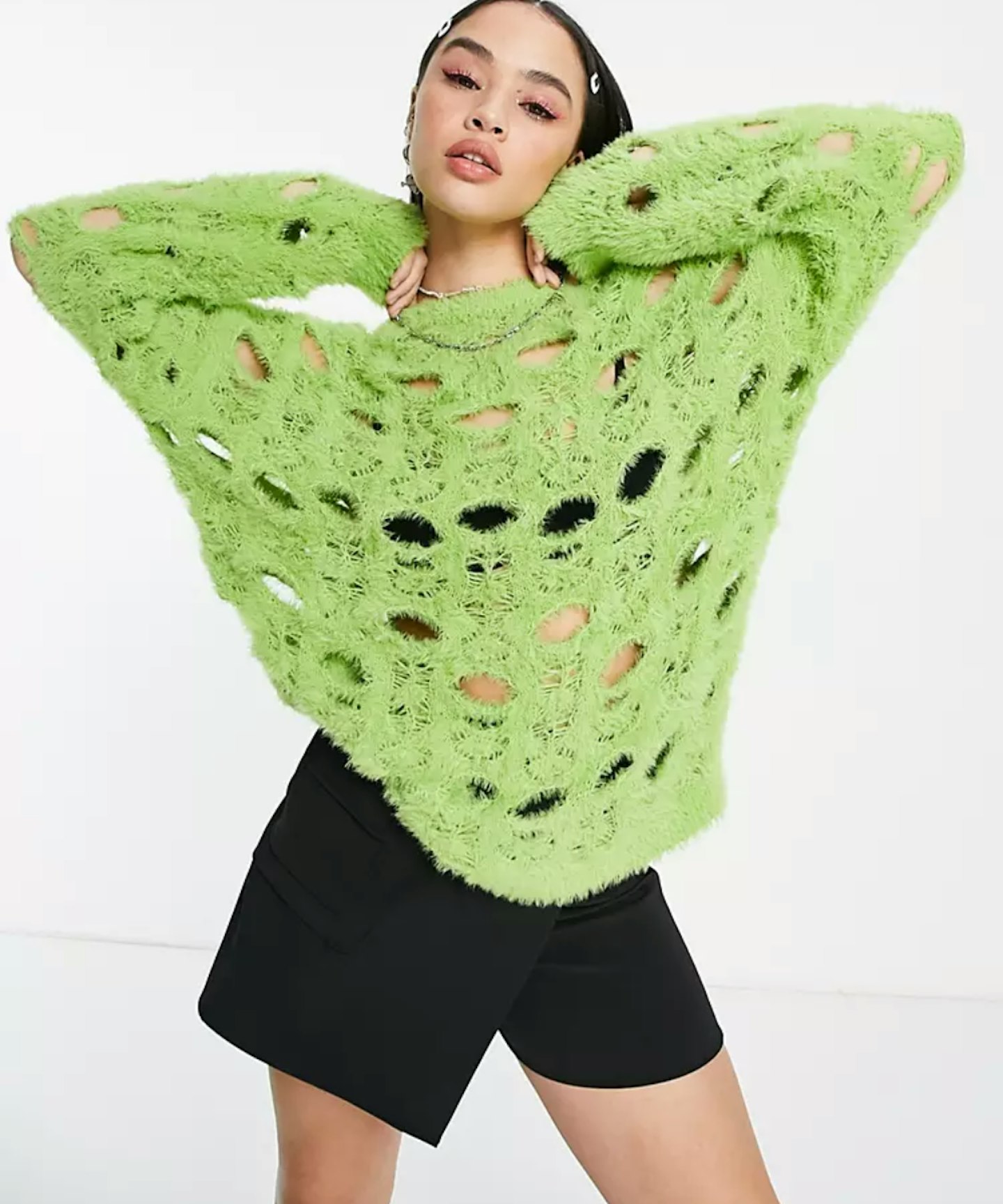 The Ragged Priest oversized lime jumper in soft knit with all over distressing