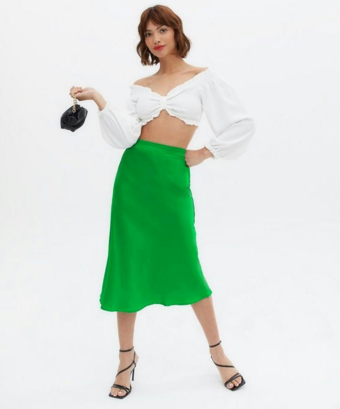 VILA Green Satin Midi Skirt