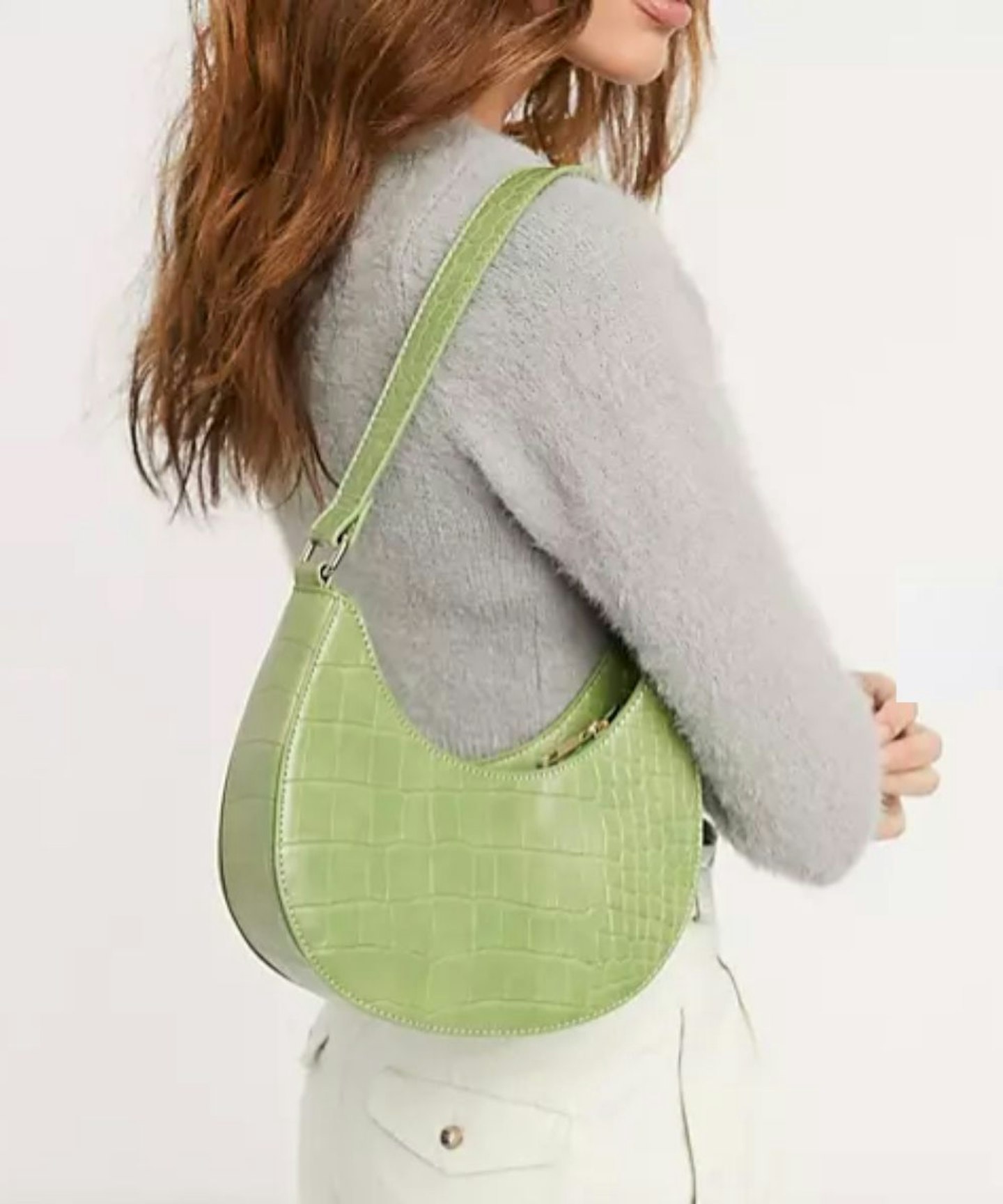 ASOS DESIGN Curved Shoulder Bag in Green Croc
