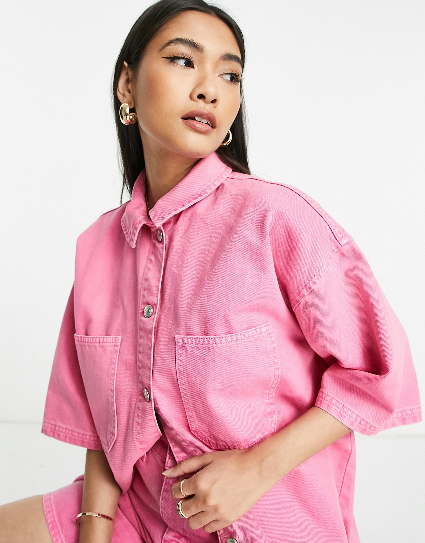 Topshop Co-Ord Denim Shacket In Hot Pink