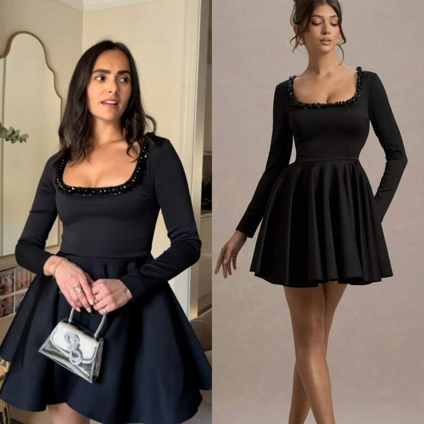 Wilder black square-neck long-sleeve skater mini dress