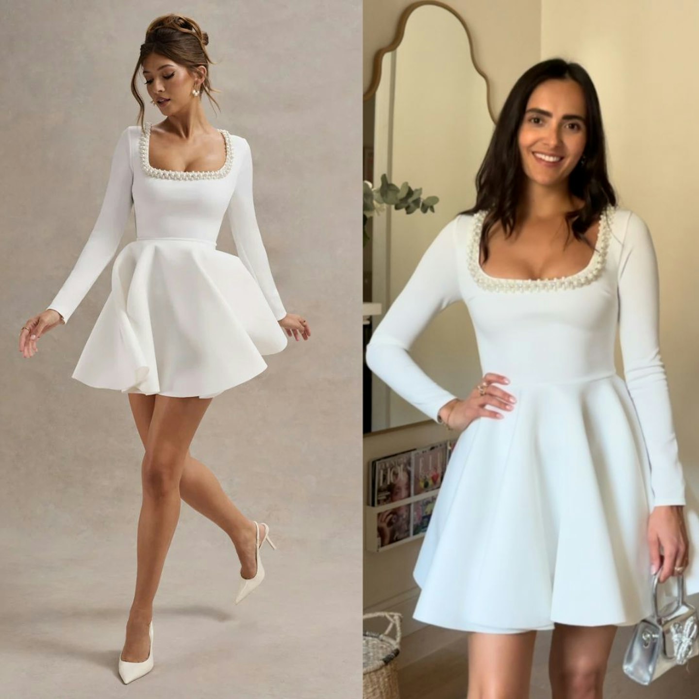 Wilder white square-neck long-sleeve skater mini dress