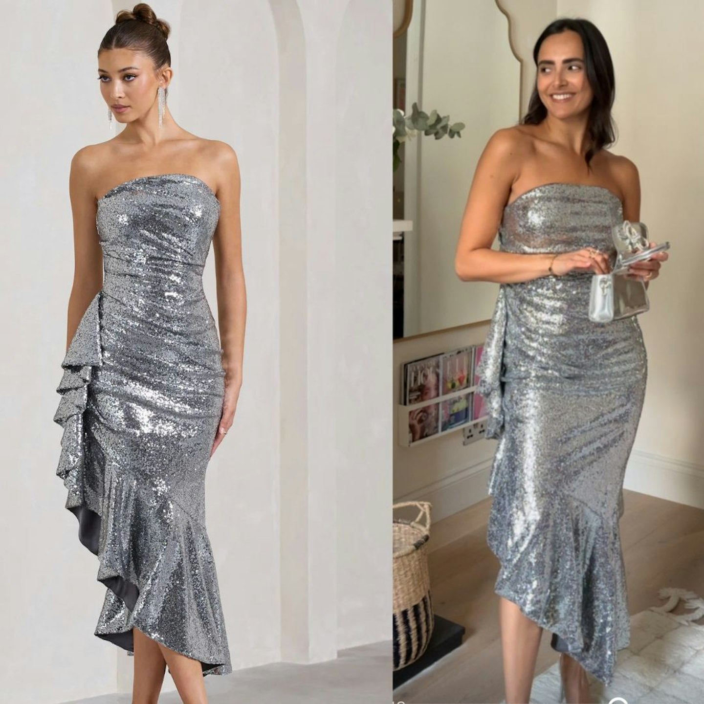 LIMITED EDITION, New World silver sequin strapless maxi dress with ruffles