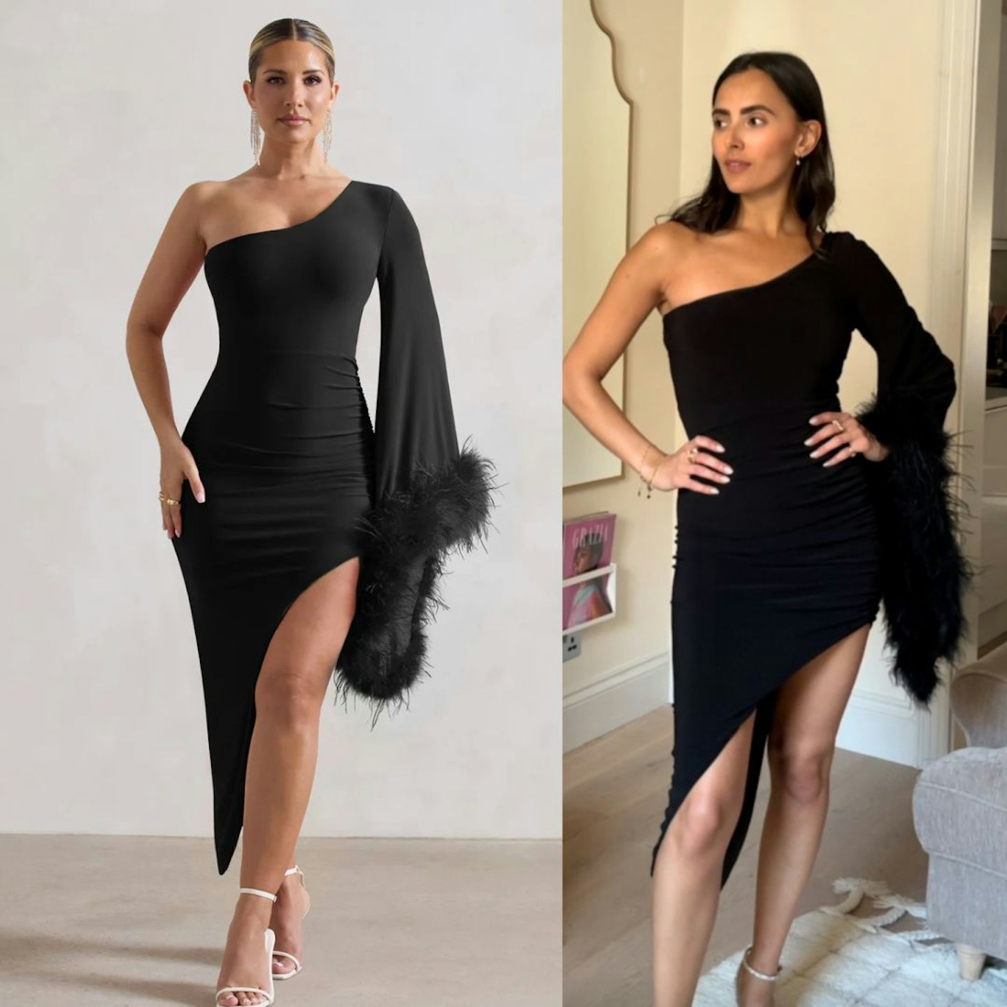 July black asymmetric one shoulder cape midi dress with feathers