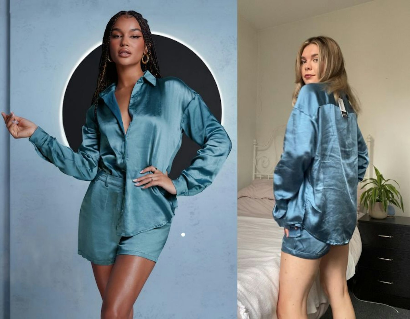 Limitless Blue Oversized Long Sleeve Satin Shirt and Persistence Blue Tailored Shorts 