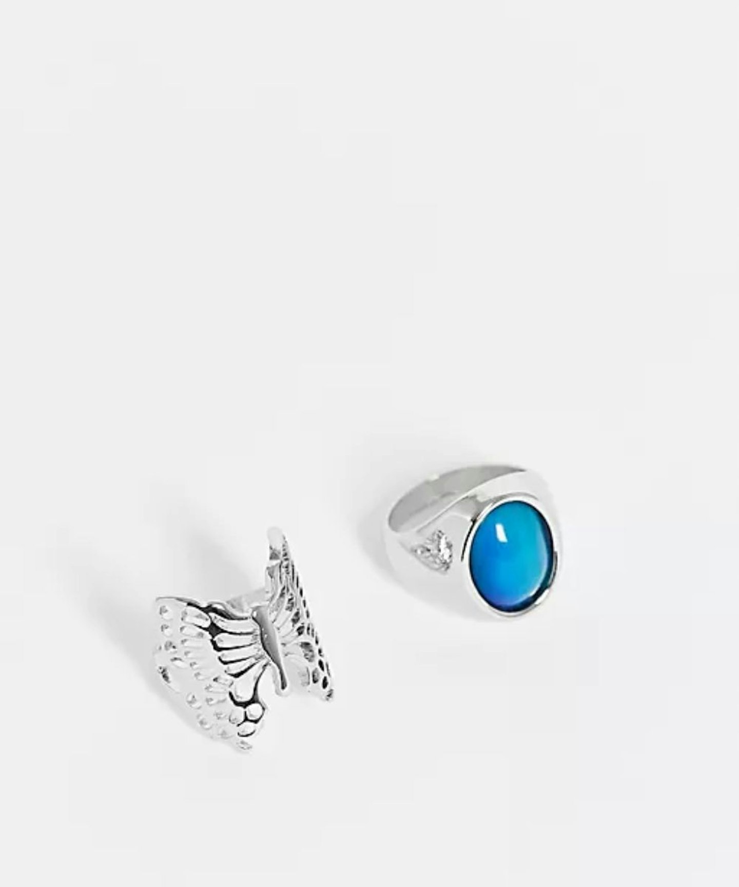 Reclaimed Vintage inspired unisex ring two pack with moodstone and butterfly in silver