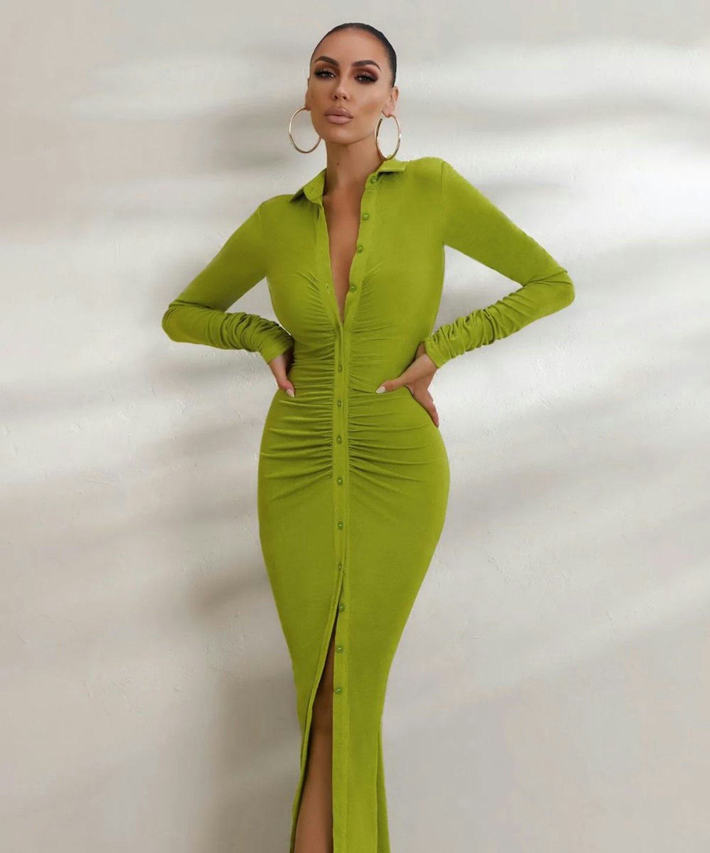 Restless Heart Pea Green Plunge Neck Ruched Detail Maxi Dress