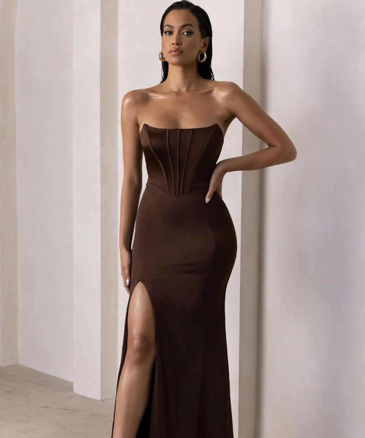 Sensual Notes Chocolate Brown Satin Strapless Corset Thigh Split Maxi Dress