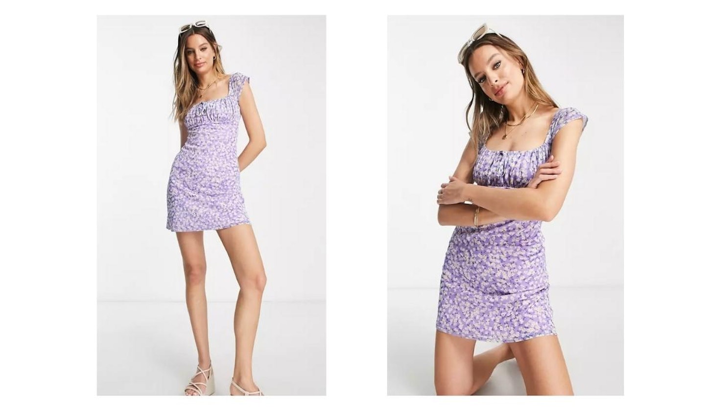 ASOS Design Tall Short Sleeve Mesh Mini Tea Dress With Ruched Bust in Lilac Ditsy Floral