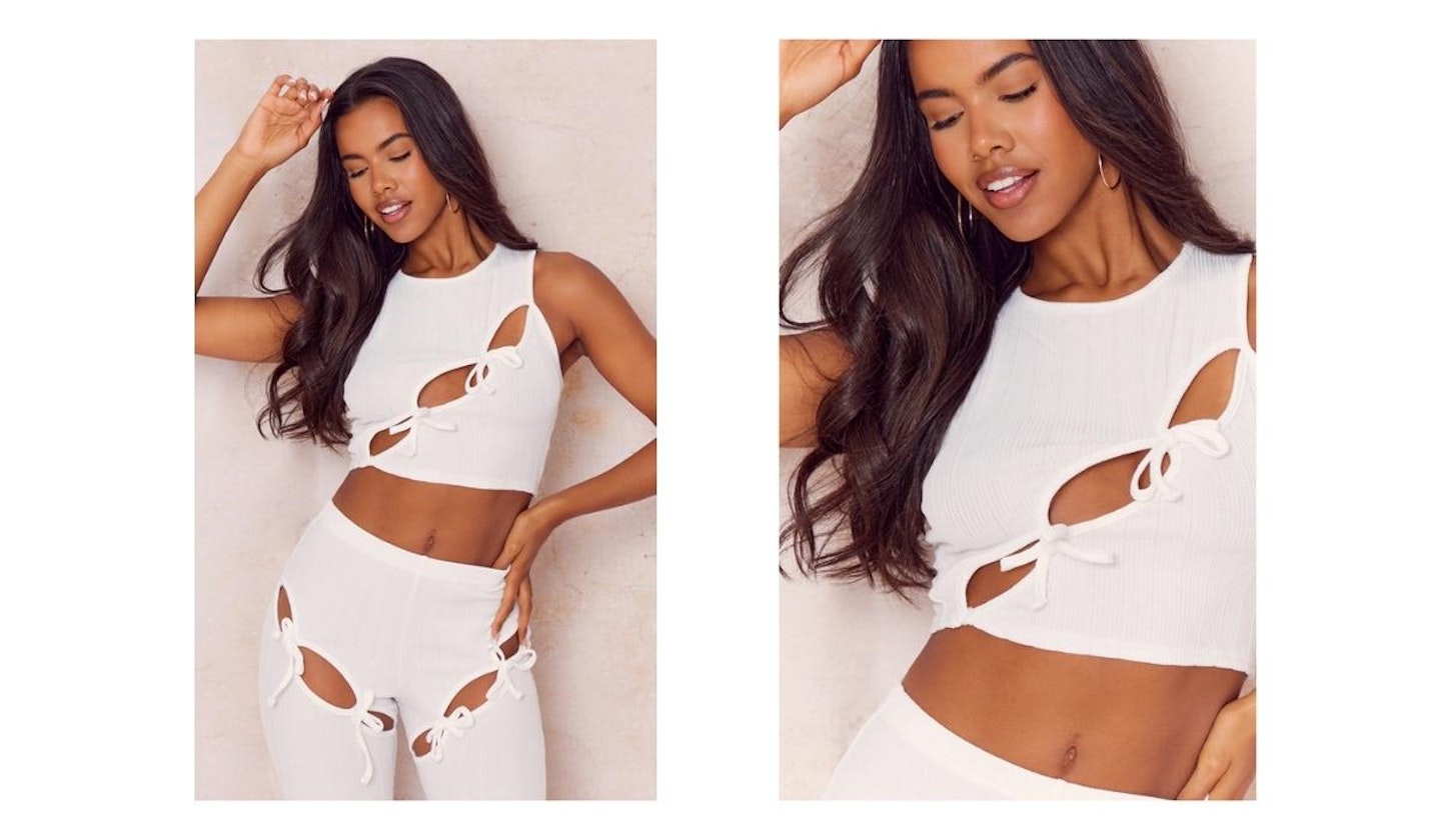 White Rib Asymmetric Cut Out Tie Racer Crop Top