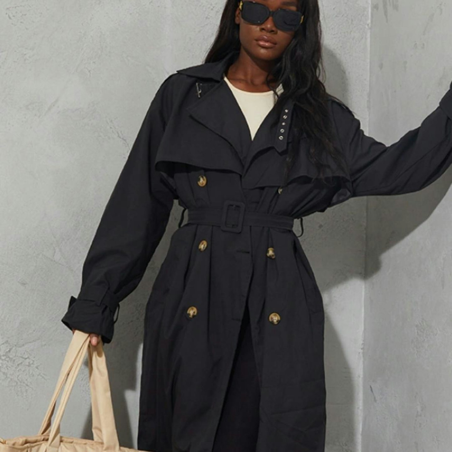 Tall Black Oversized Belted Midi Trench